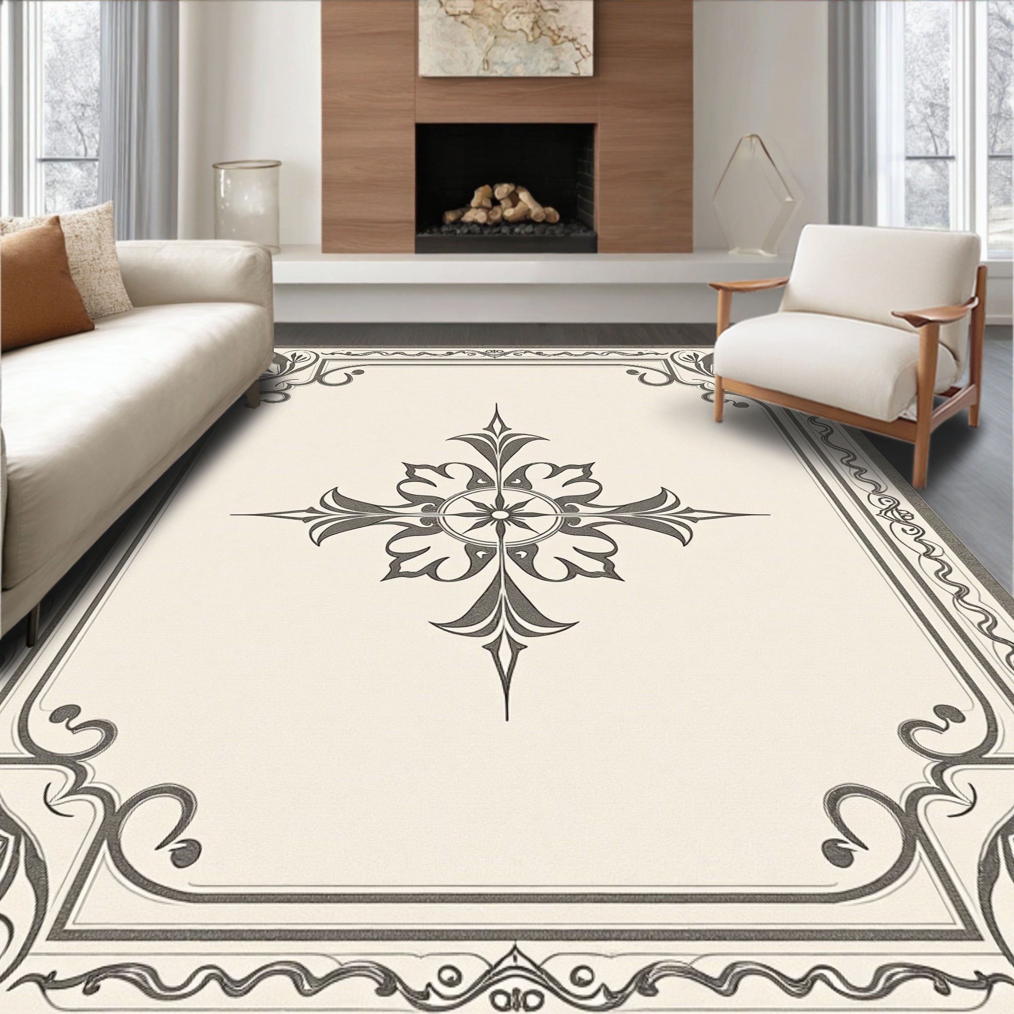 Neutral Gray Ornate Compass Star Rug