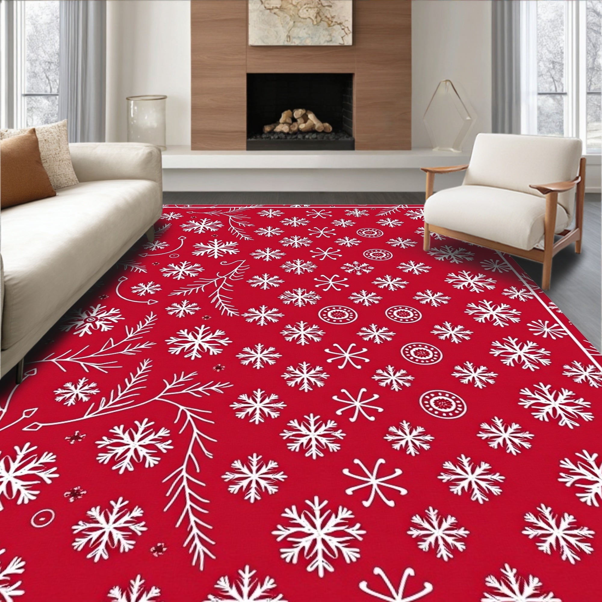Crimson Snowflakes Branches Holiday Rug