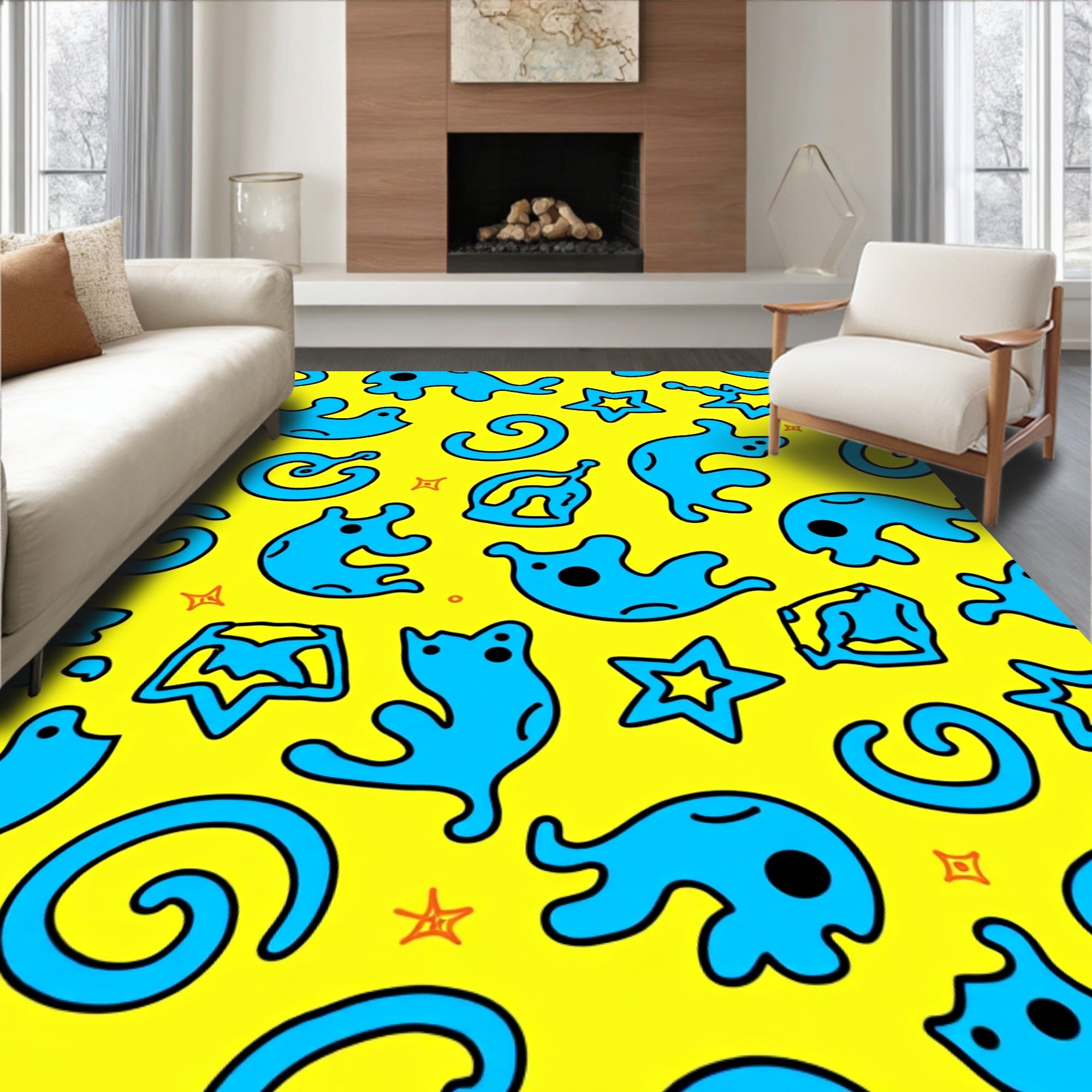 Bright Blue Whimsical Jellyfish Shapes Rug