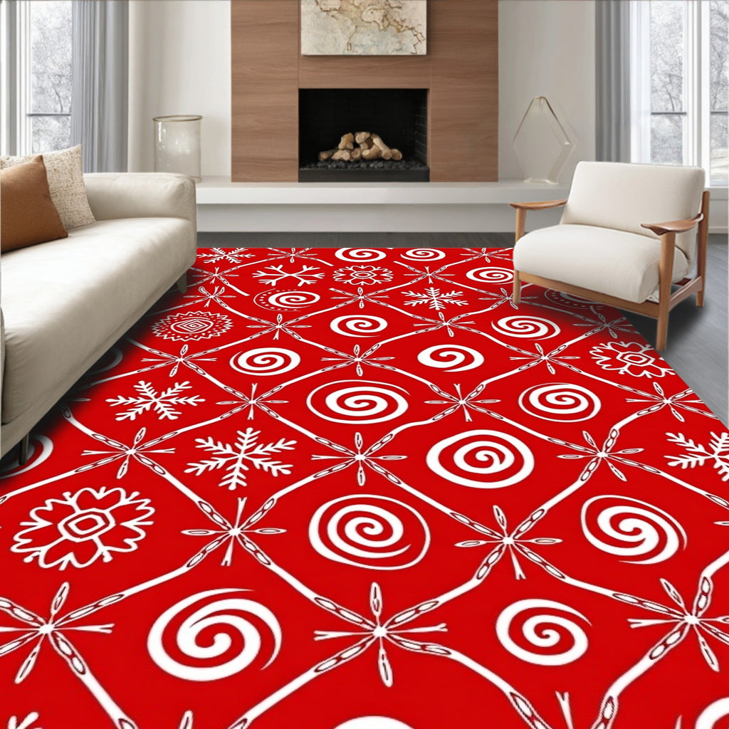 Red White Snowflake Spiral Medallion Rug