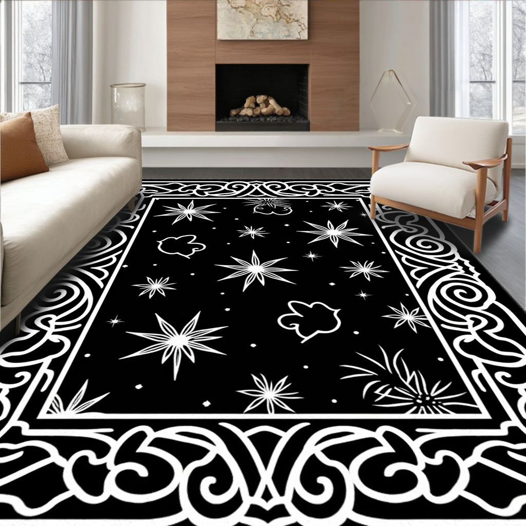 Black White Starry Night Border Rug