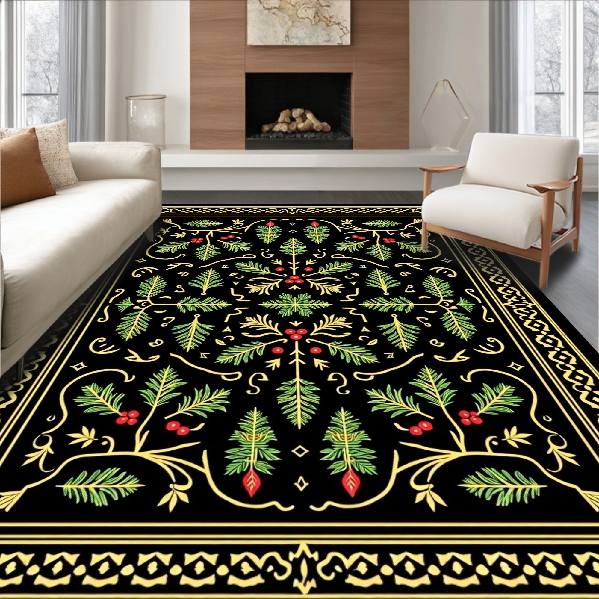 Ornate Black Evergreen Berry Garland Rug