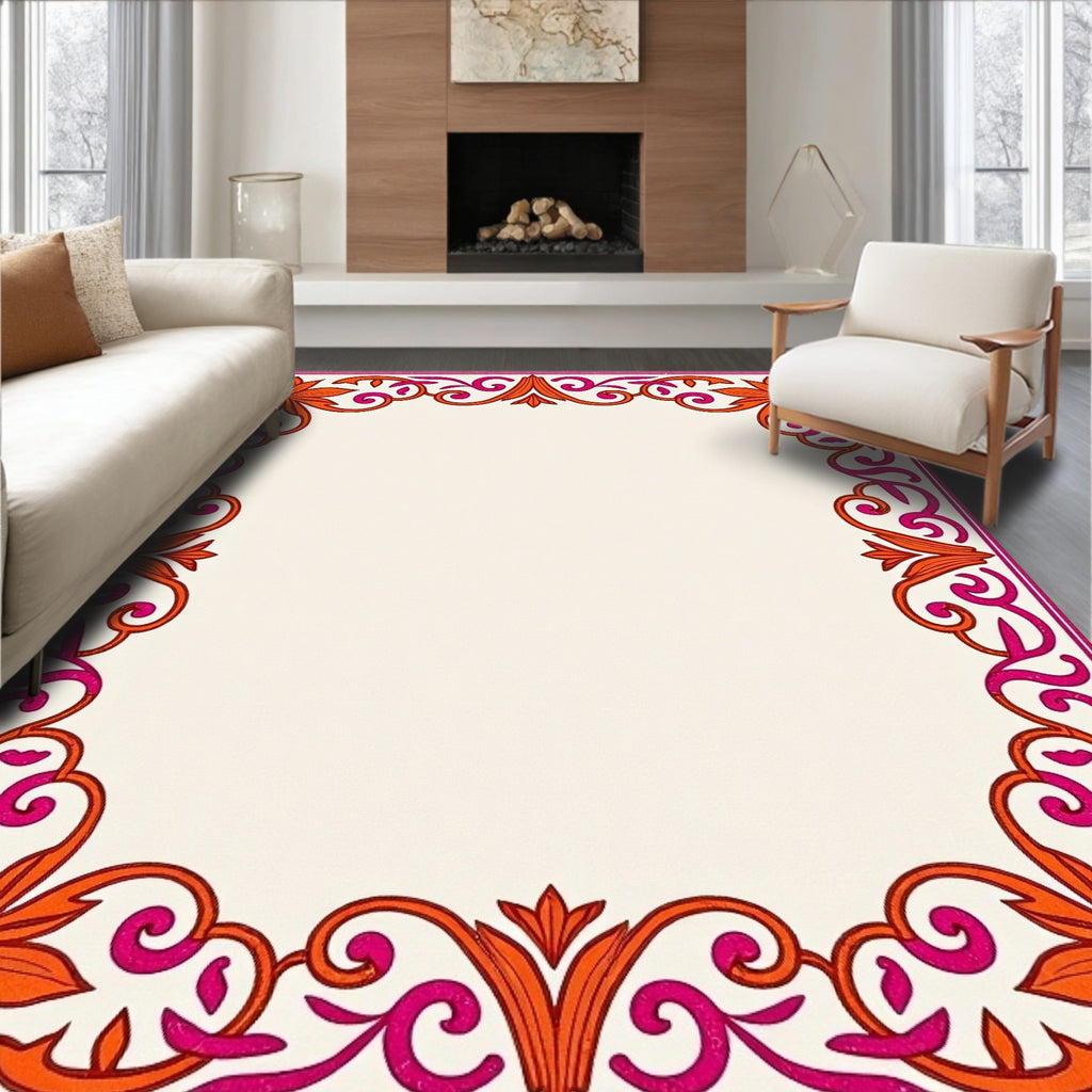 Vibrant Orange Pink Floral Border Rug