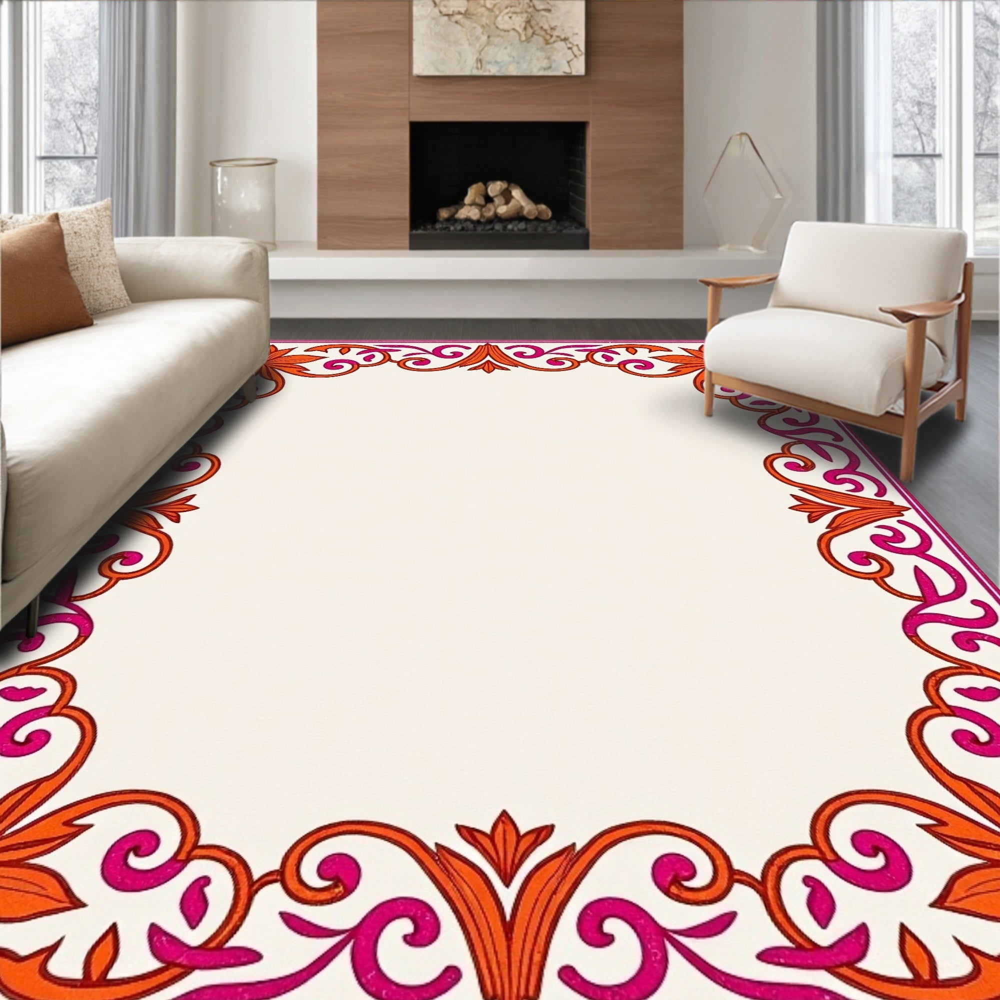 Vibrant Orange Pink Floral Border Rug