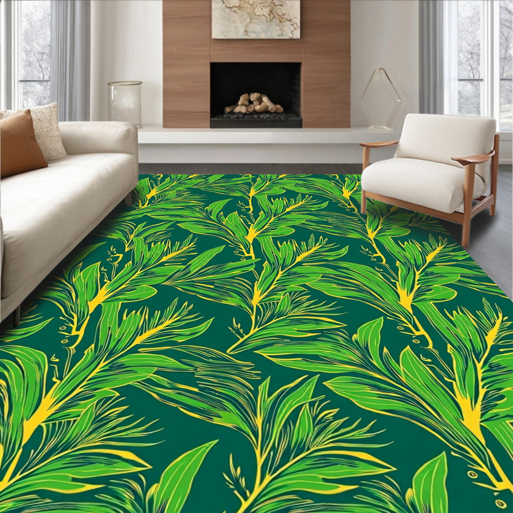Verdant Jungle Branch Emerald Leaf Pattern Rug