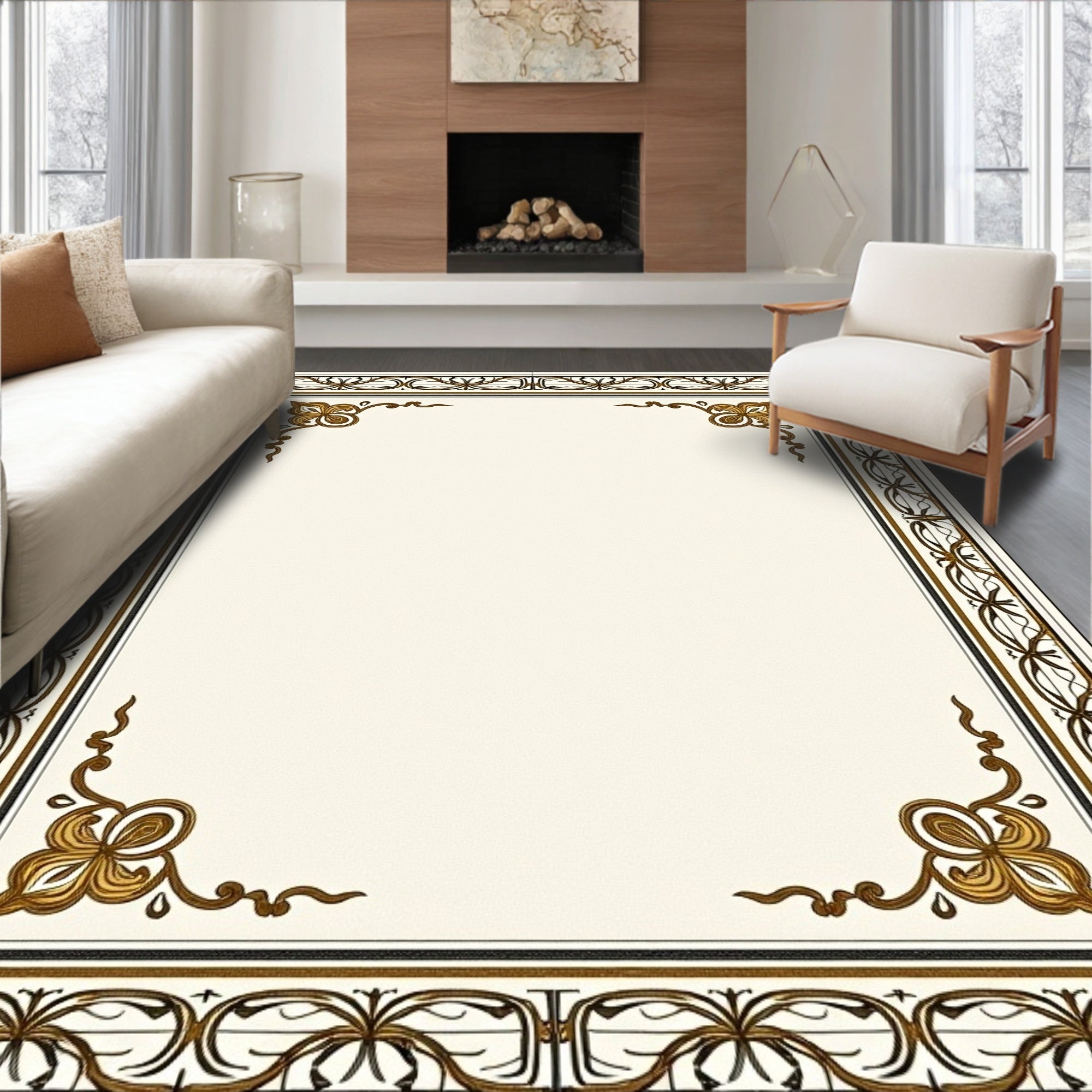 Elegant Gold Leaf Scroll Border Rug