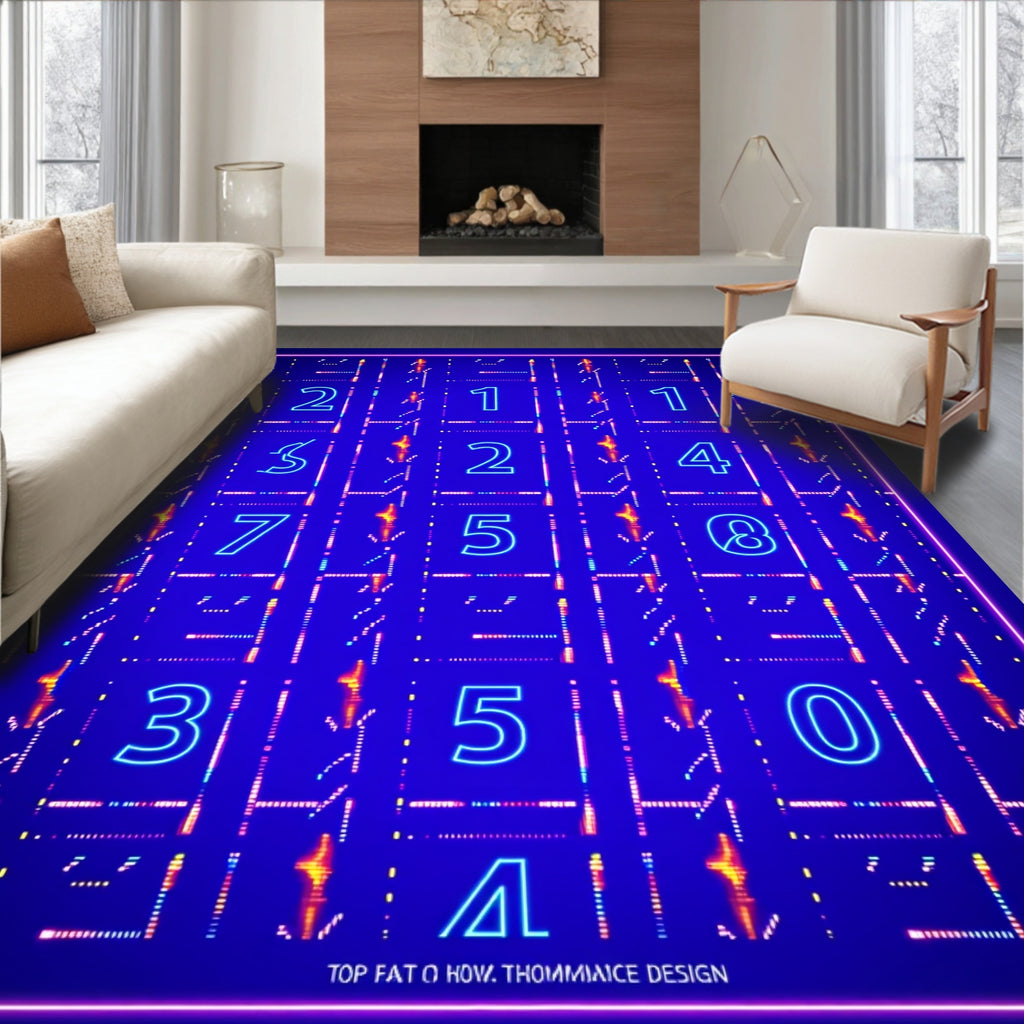 Vibrant Neon Blue Digital Grid Rug