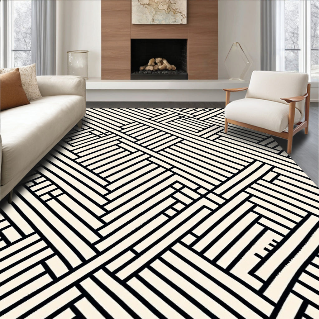 Cream Black Intersecting Lines Rug