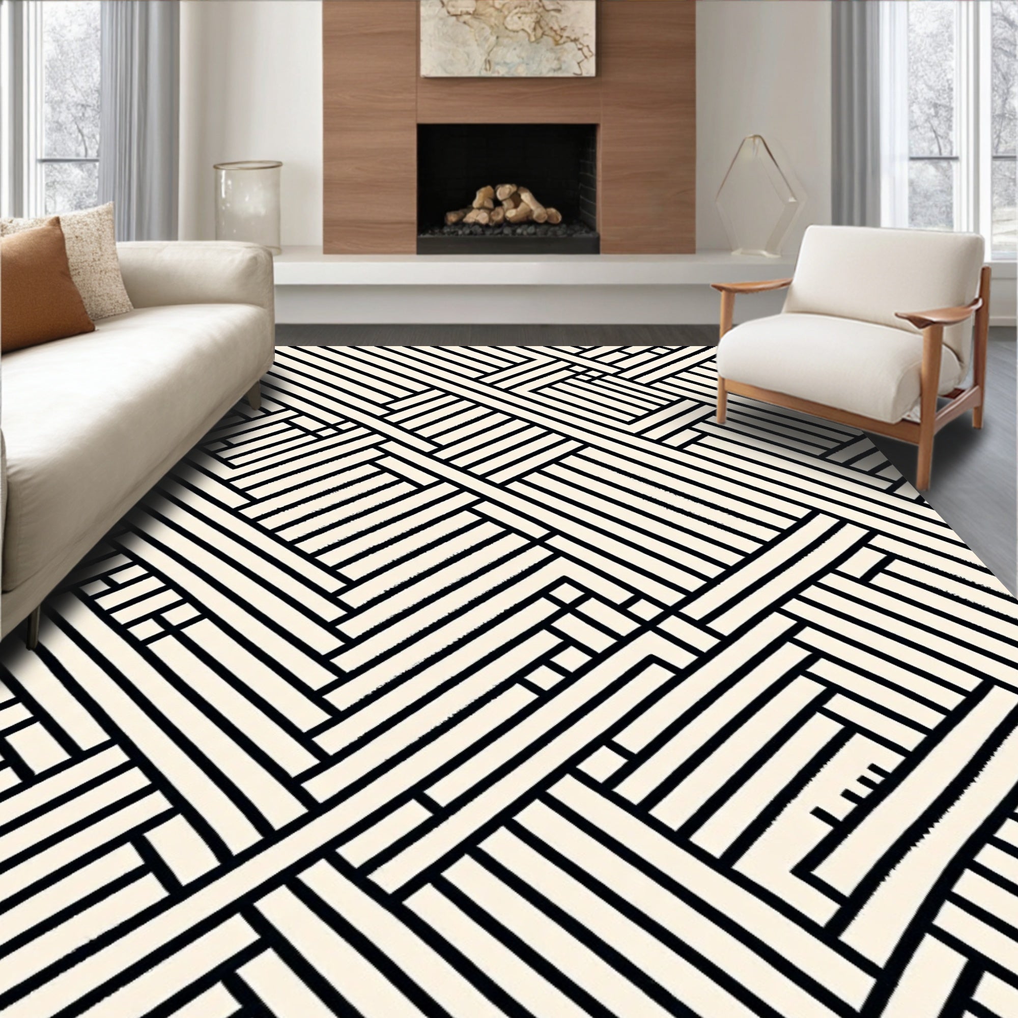 Cream Black Intersecting Lines Rug