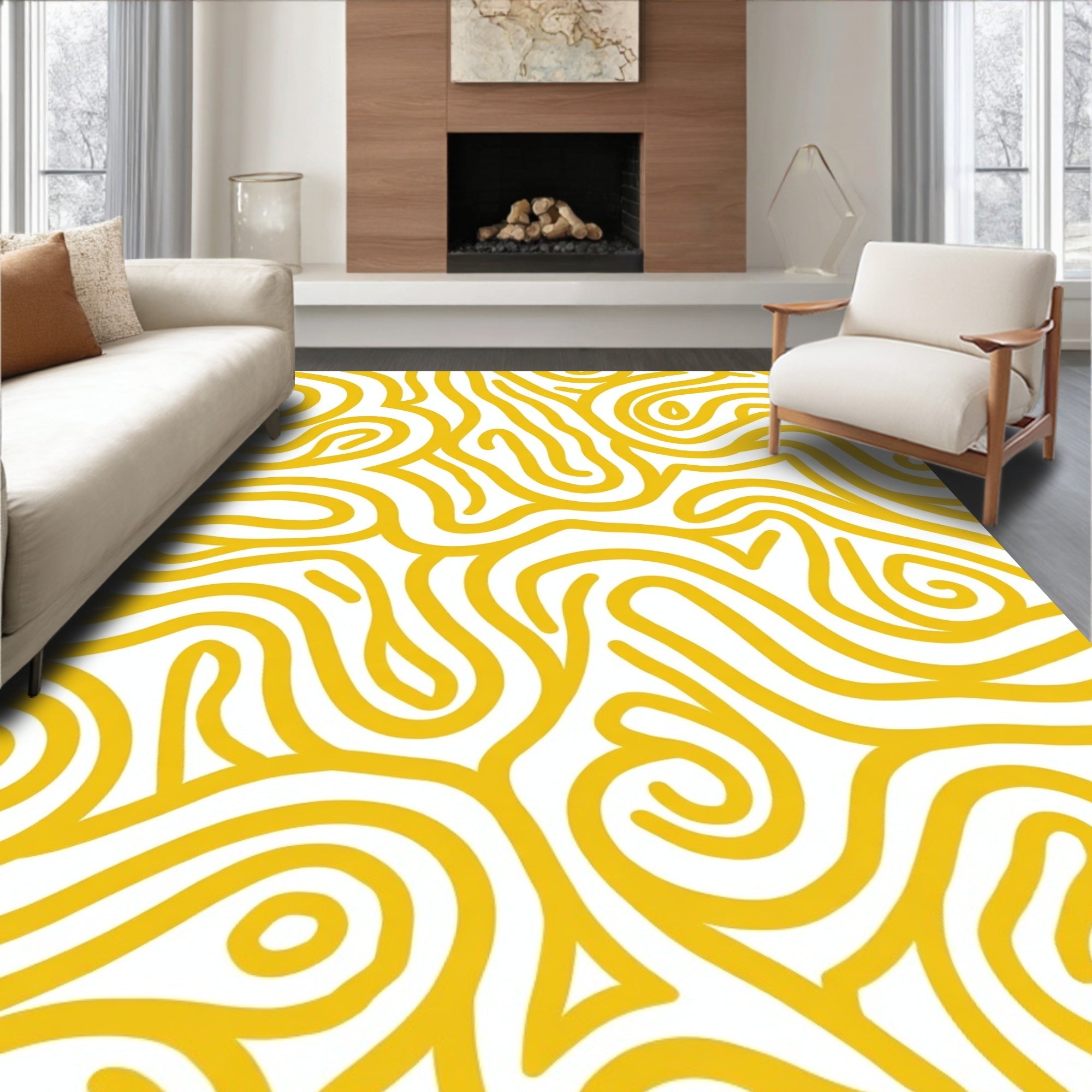 Golden Yellow Abstract Swirls Rug