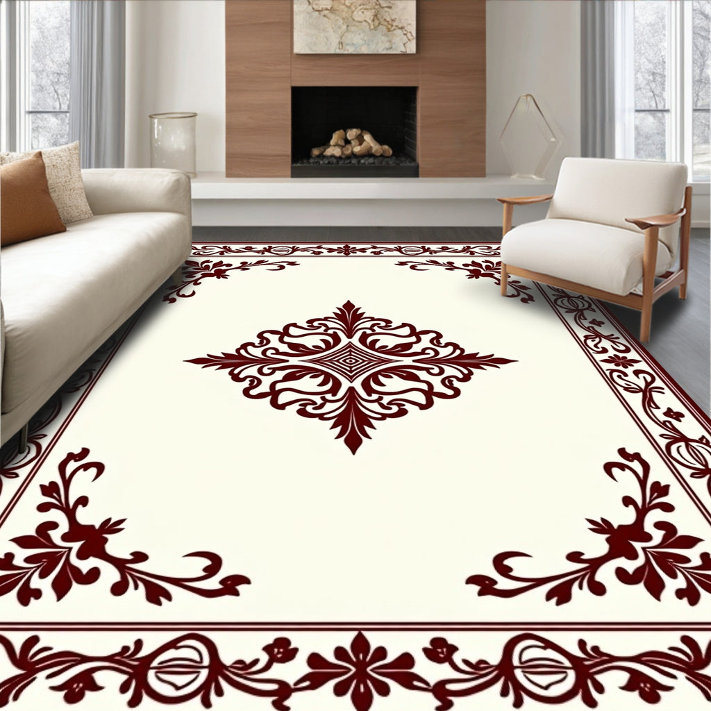 Ornate Burgundy Damask Corner Rug