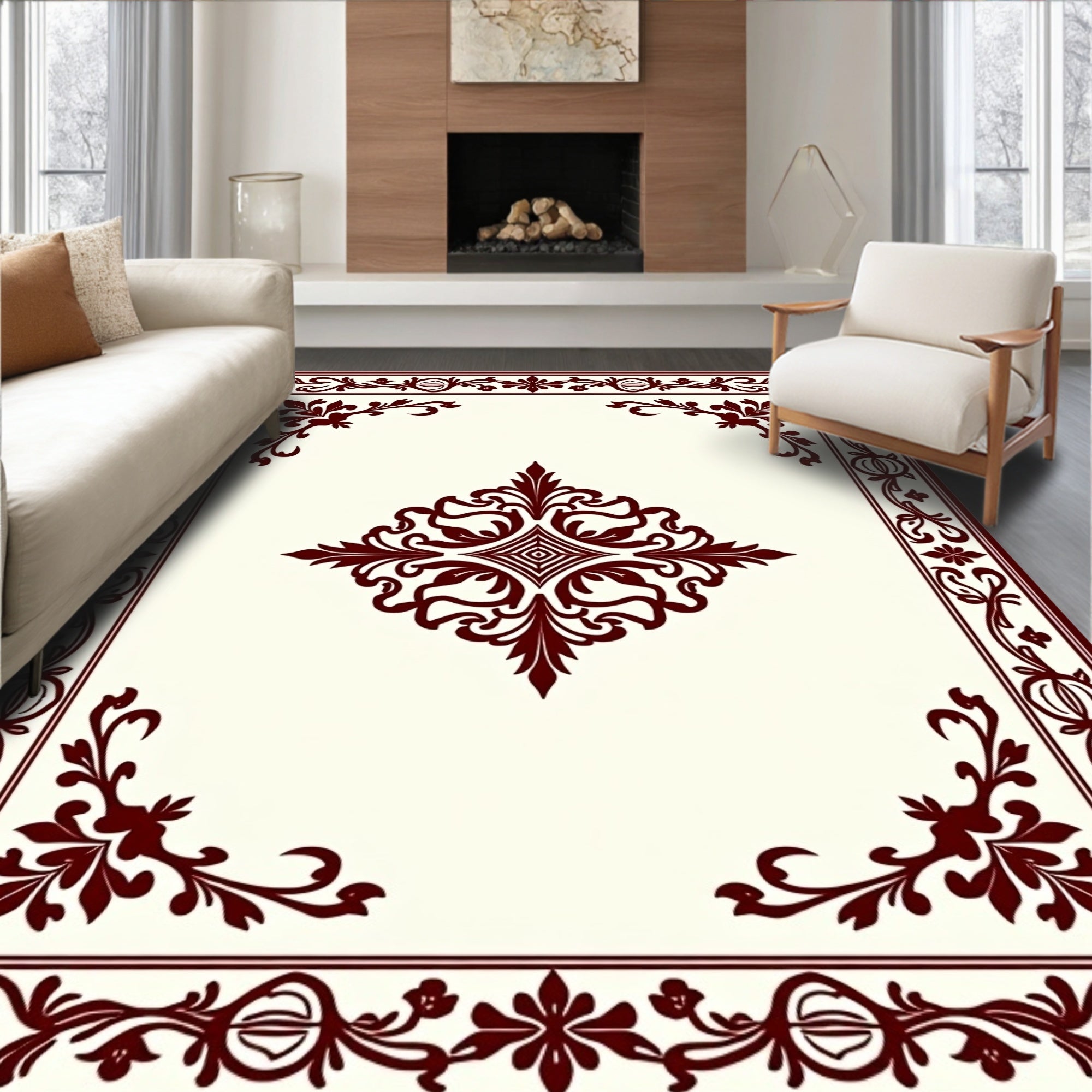 Ornate Burgundy Damask Corner Rug