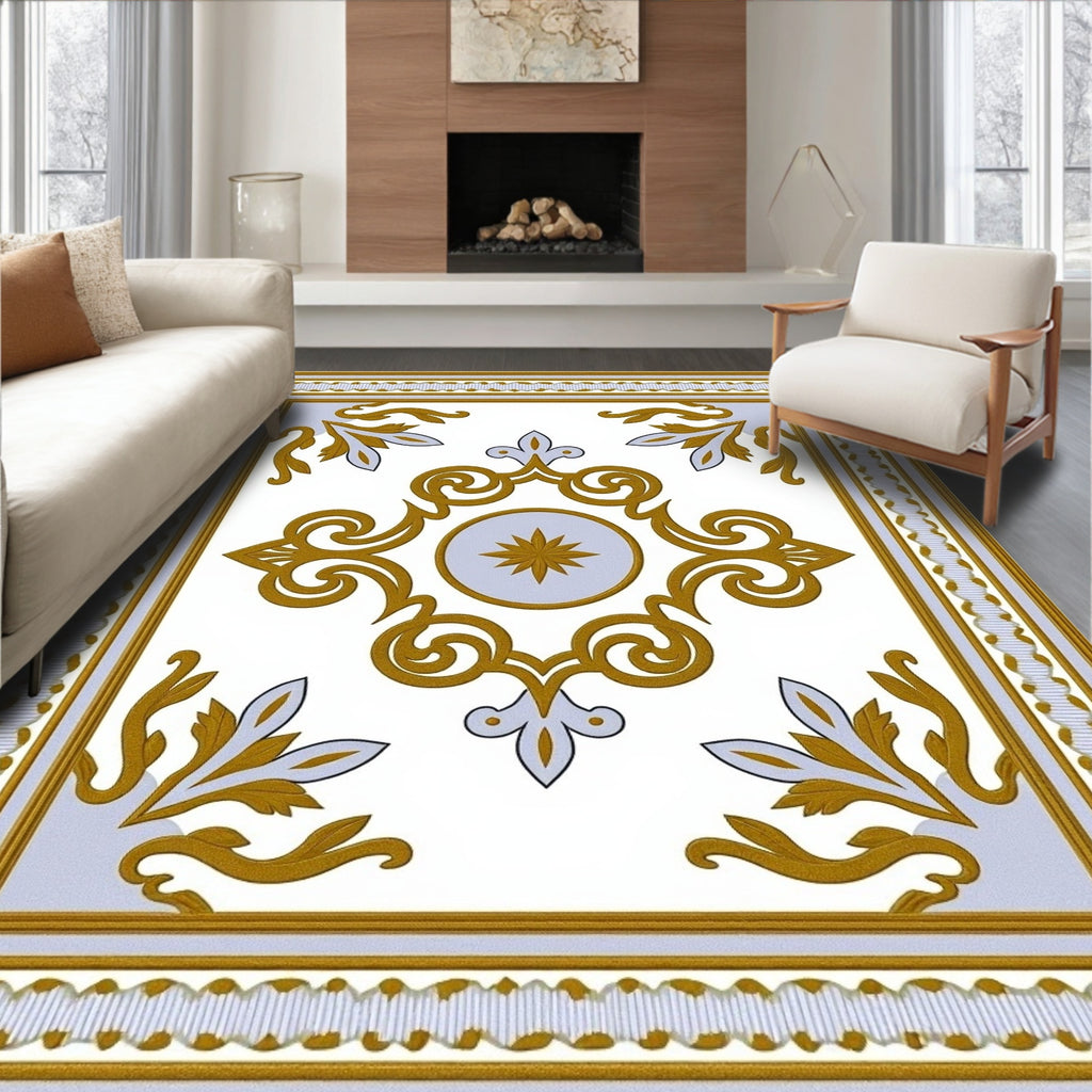 Golden White Scroll Medallion Border Rug