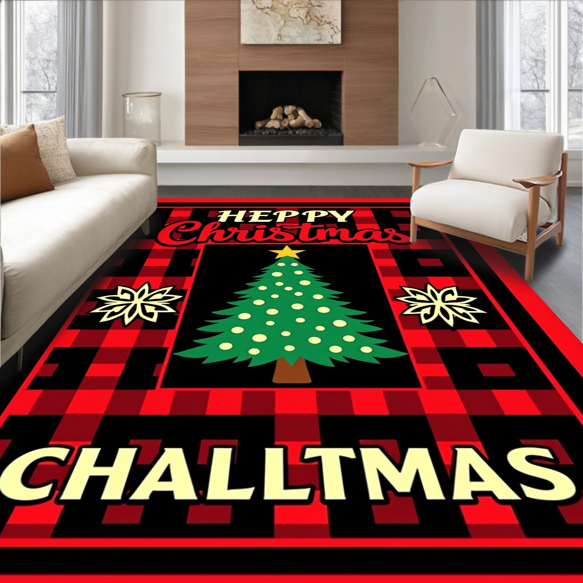 Red Buffalo Plaid Christmas Tree Snowflakes Rug