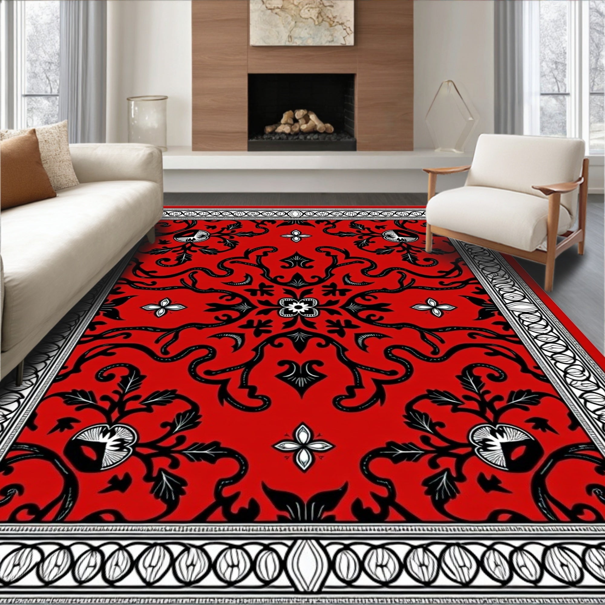 Crimson Black Floral Border Medallion Rug