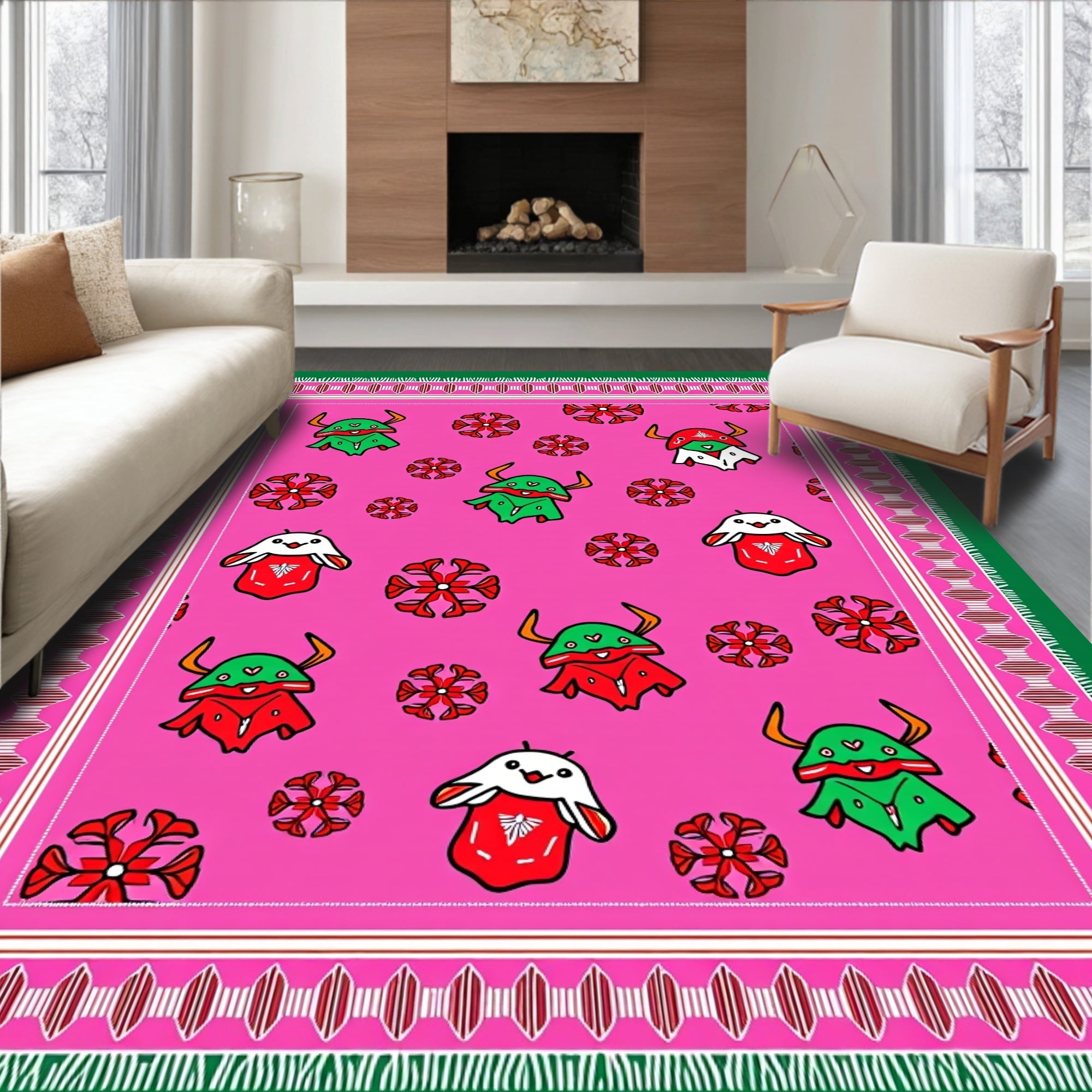 Pink Cartoon Creature Border Rug