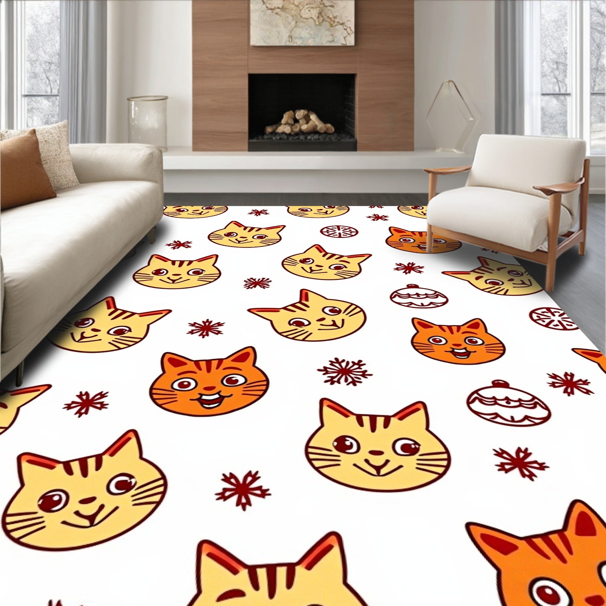 Whimsical Orange Cat Faces Snowflakes Rug