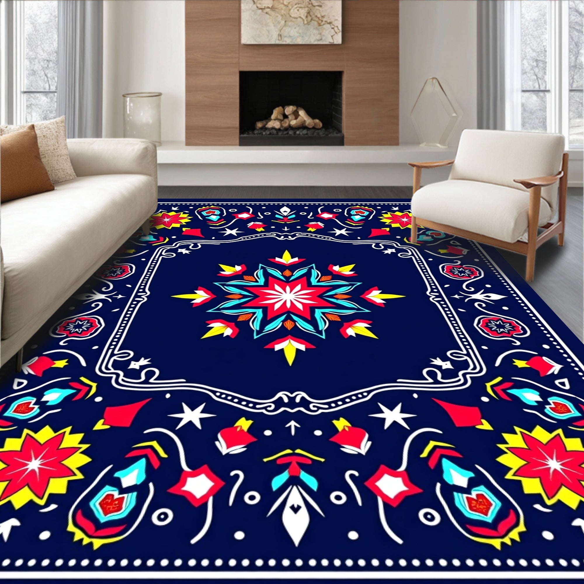 Vibrant Red Yellow Floral Medallion Rug