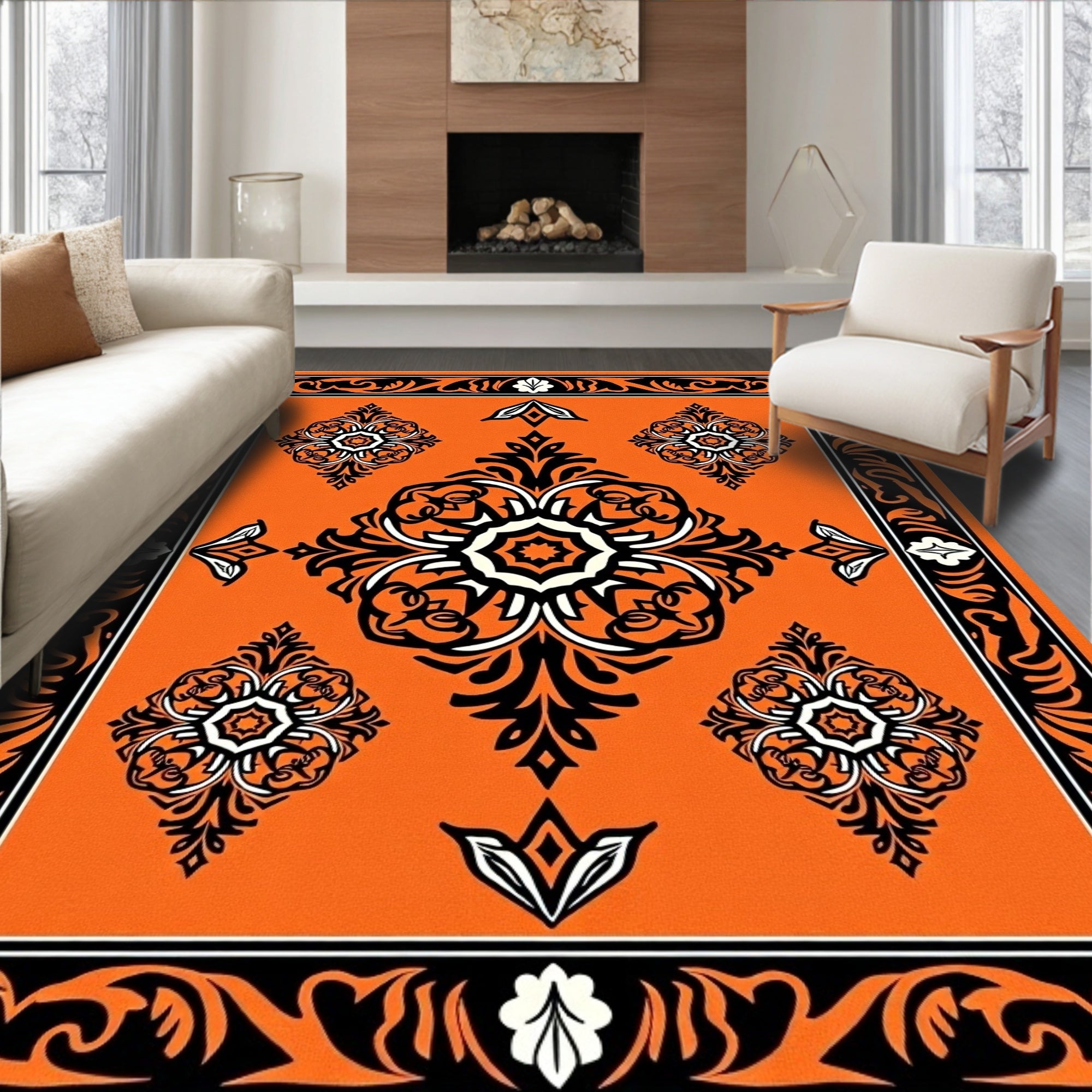 Vibrant Orange Medallion Scrollwork Rug