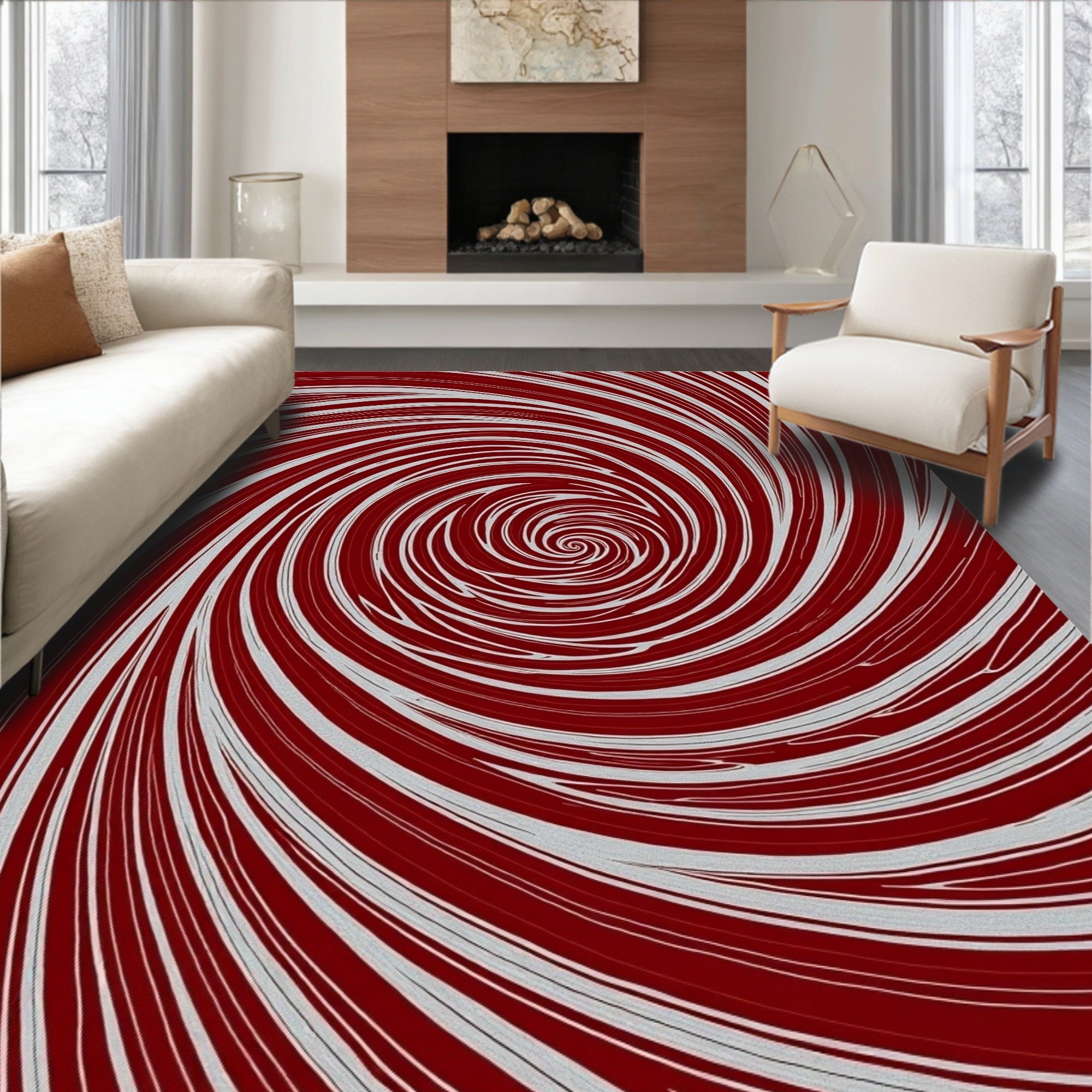 Crimson White Swirl Vortex Rug