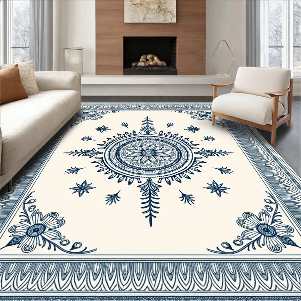 Intricate Teal Floral Sunburst Ornament Rug