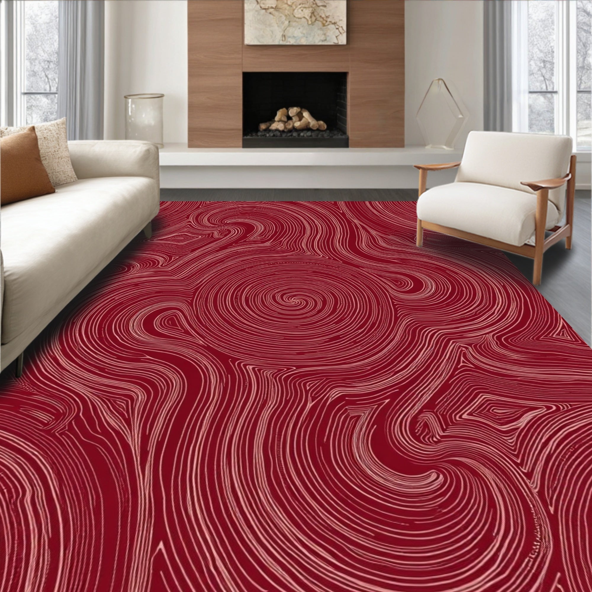 Crimson Swirl Abstract Topographical Rug