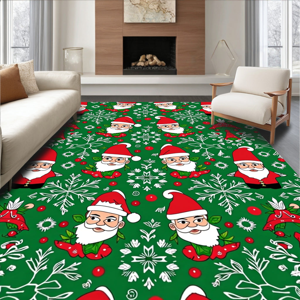 Festive Santa Claus Green Snowflake Christmas Rug