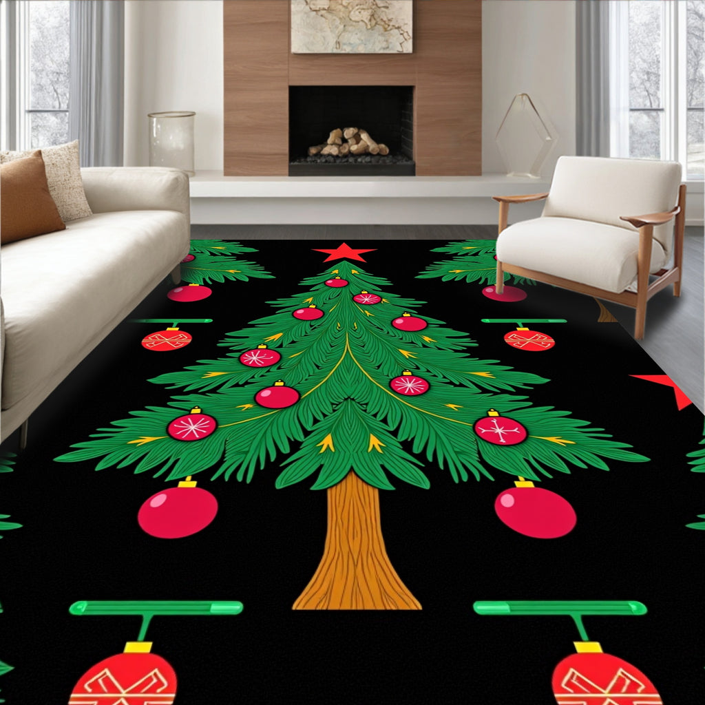 Festive Green Christmas Trees Red Ornaments Rug