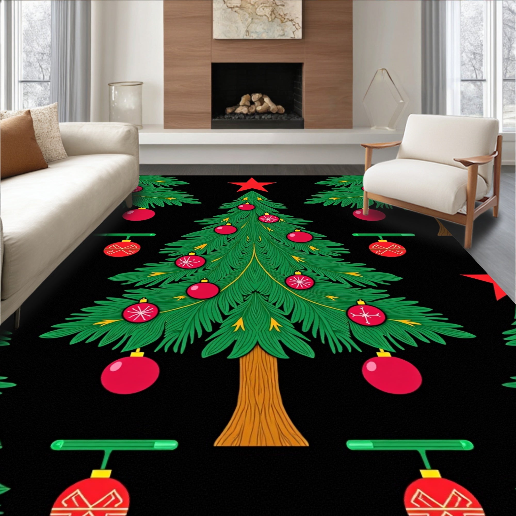Festive Green Christmas Trees Red Ornaments Rug