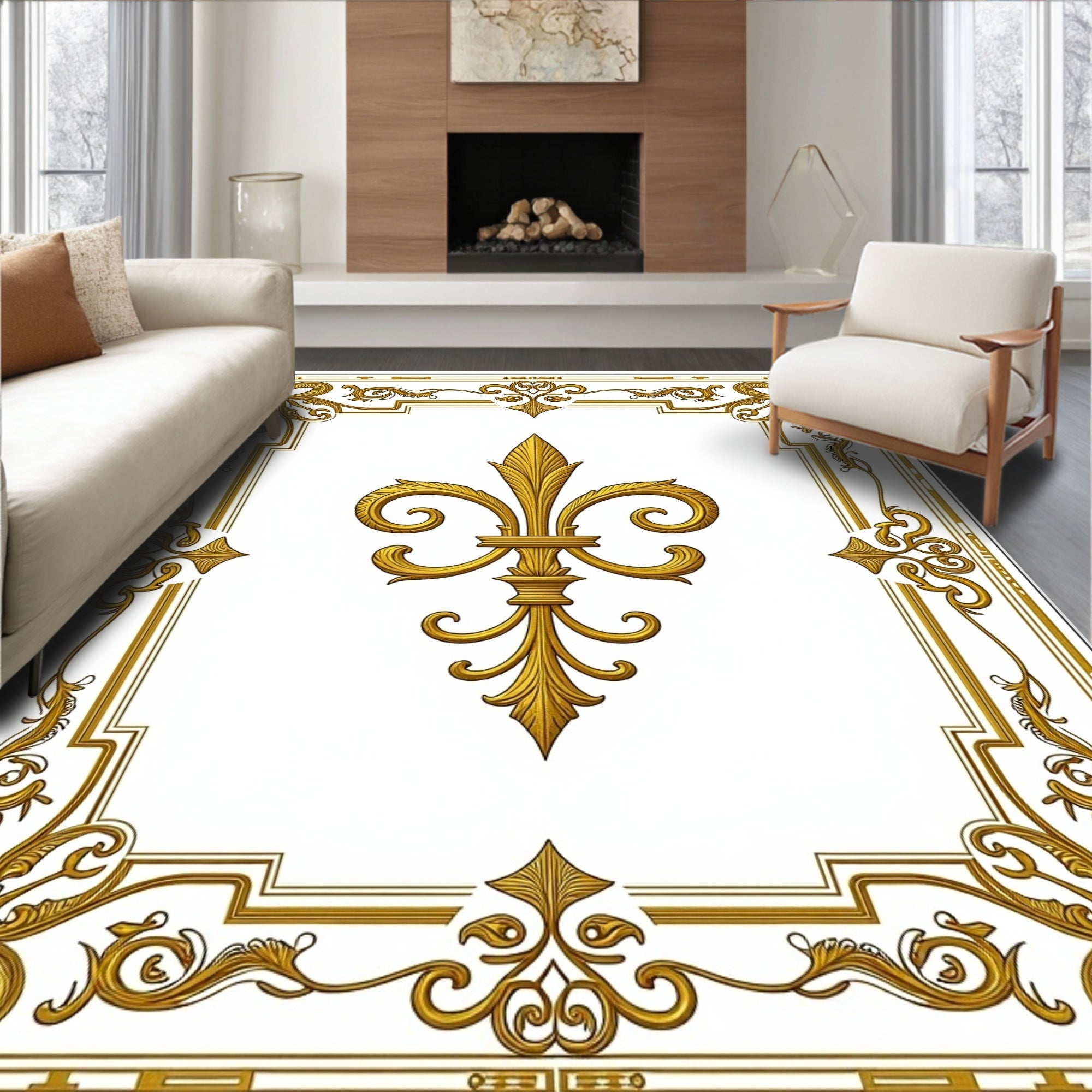 Ornate Gold Fleur de Lis Frame Rug