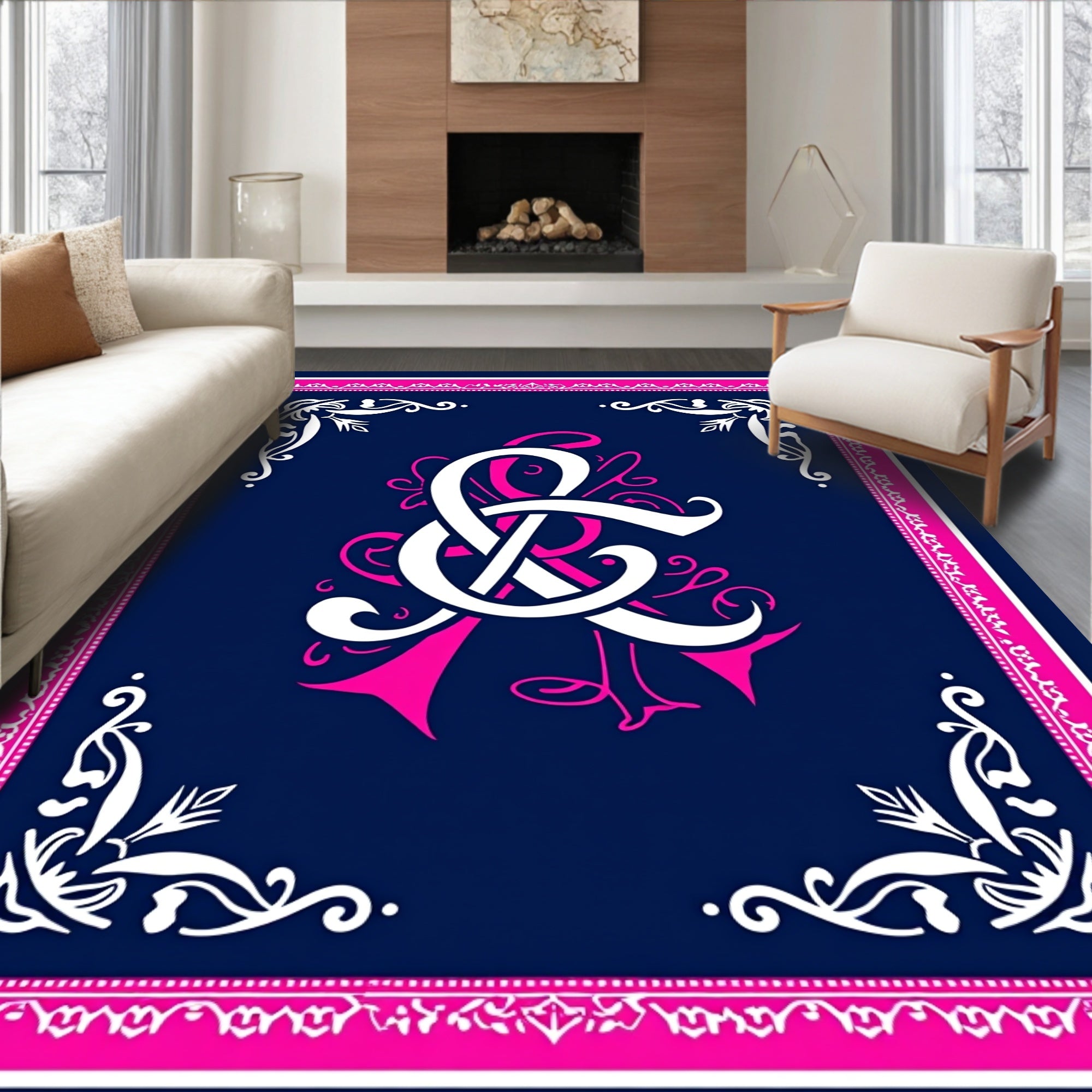Ornate Navy Pink Monogrammed Emblem Rug