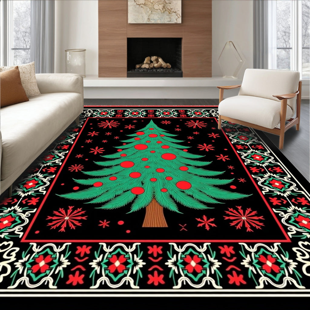 Festive Green Christmas Tree Black Medallion Rug