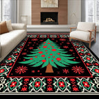 Festive Green Christmas Tree Black Medallion Rug