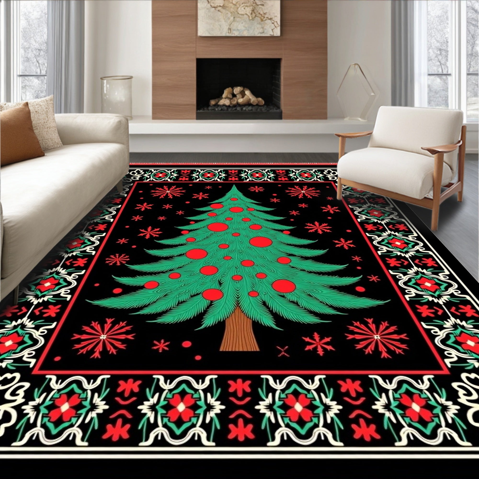 Festive Green Christmas Tree Black Medallion Rug
