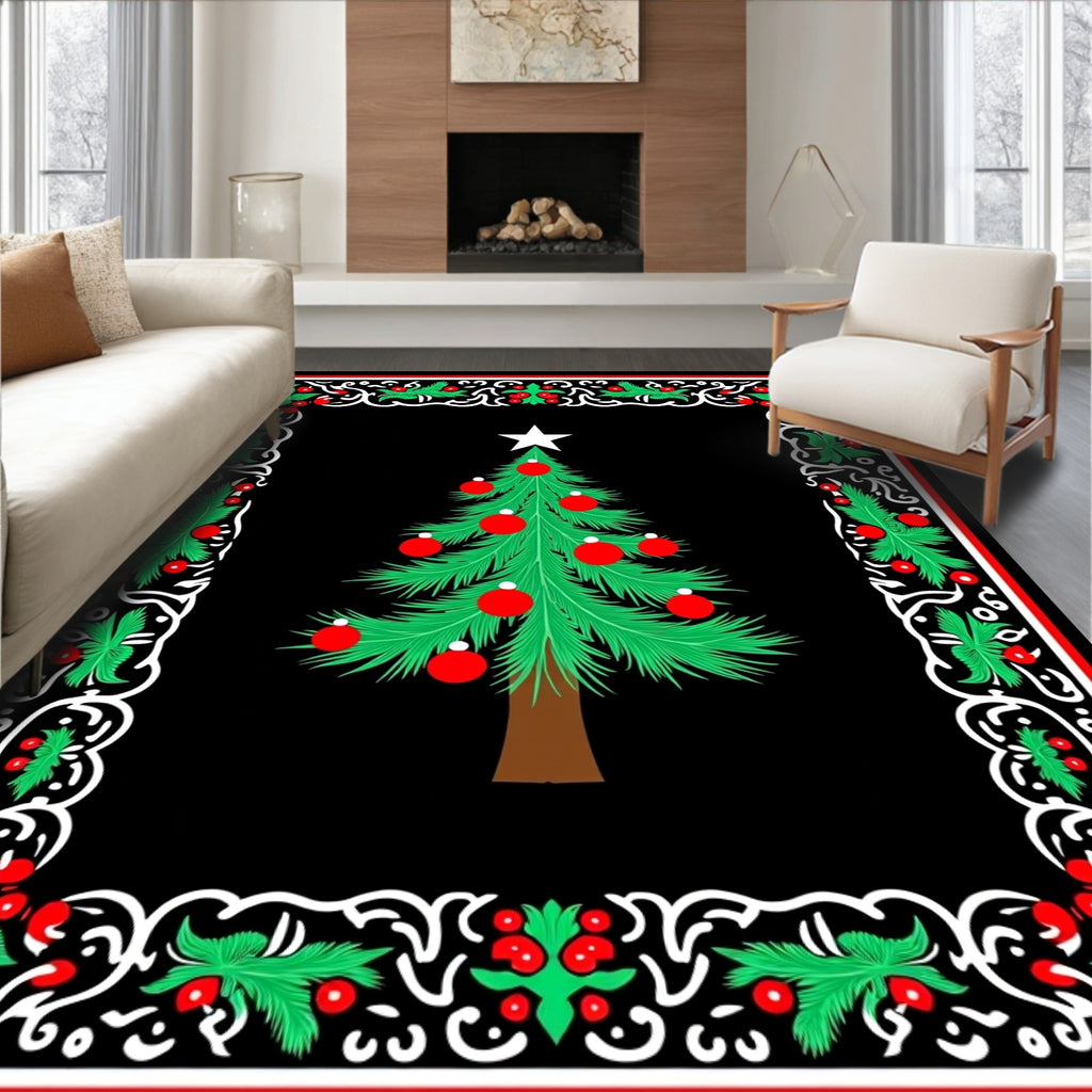 Merry Christmas Tree Holly Border Rug