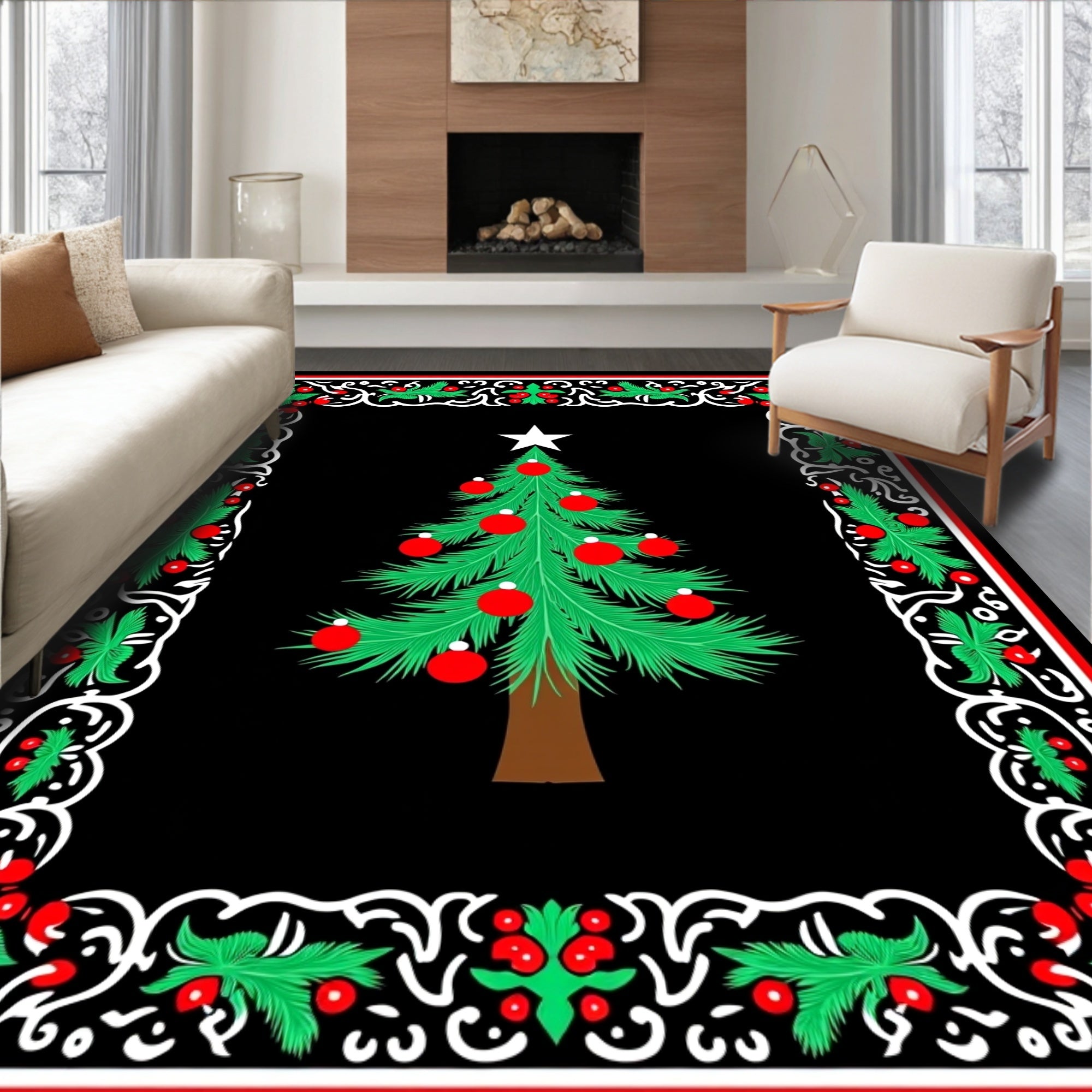 Merry Christmas Tree Holly Border Rug