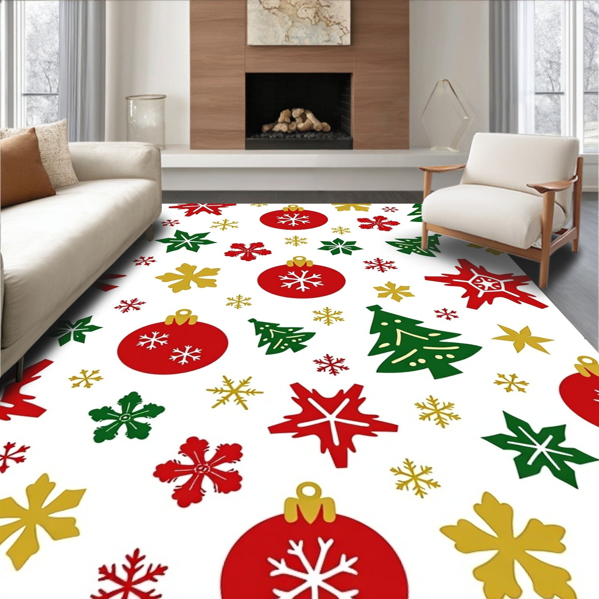 Red Green Gold Christmas Ornament Snowflakes Rug