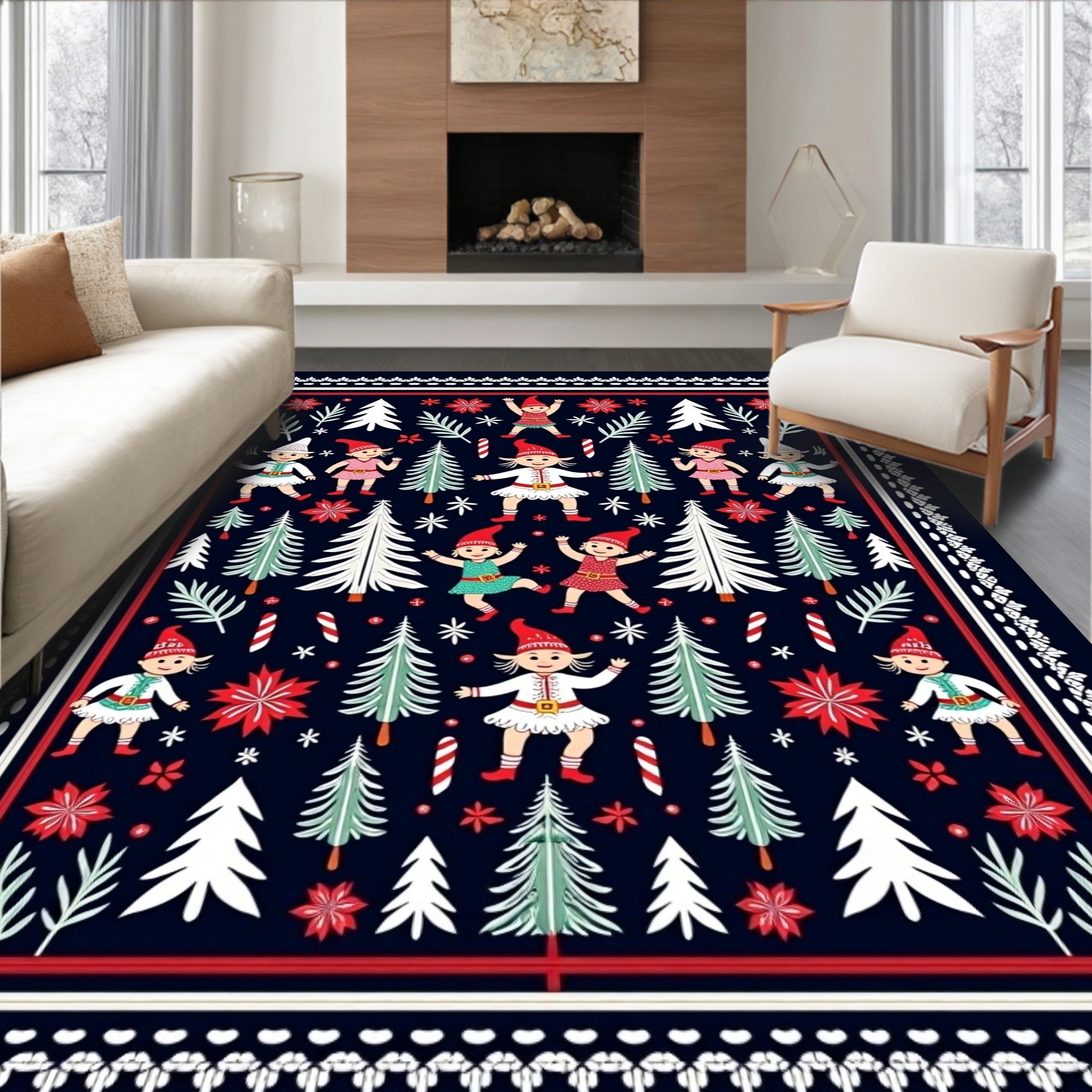 Charming Elves Holiday Trees Christmas Night Rug