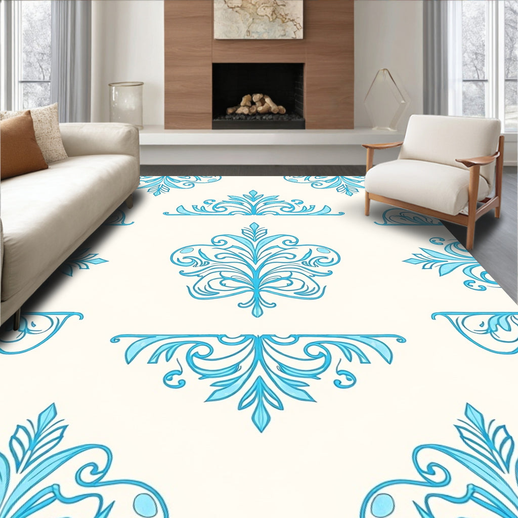 Sky Blue Ornate Scrollwork Accents Rug