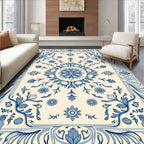 Blue Cream Floral Scroll Medallion Rug