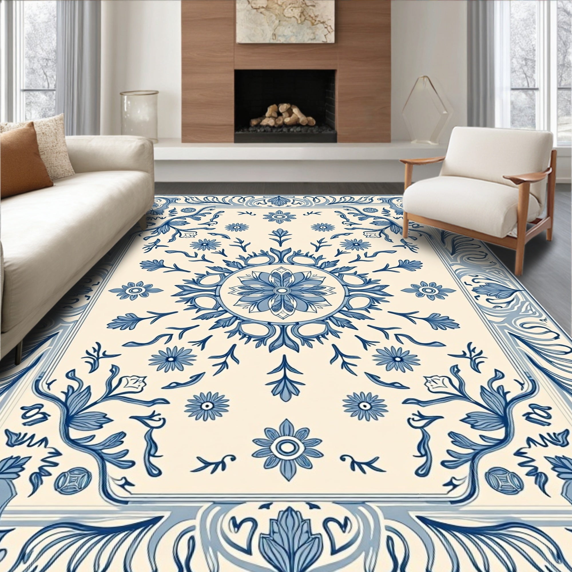 Blue Cream Floral Scroll Medallion Rug