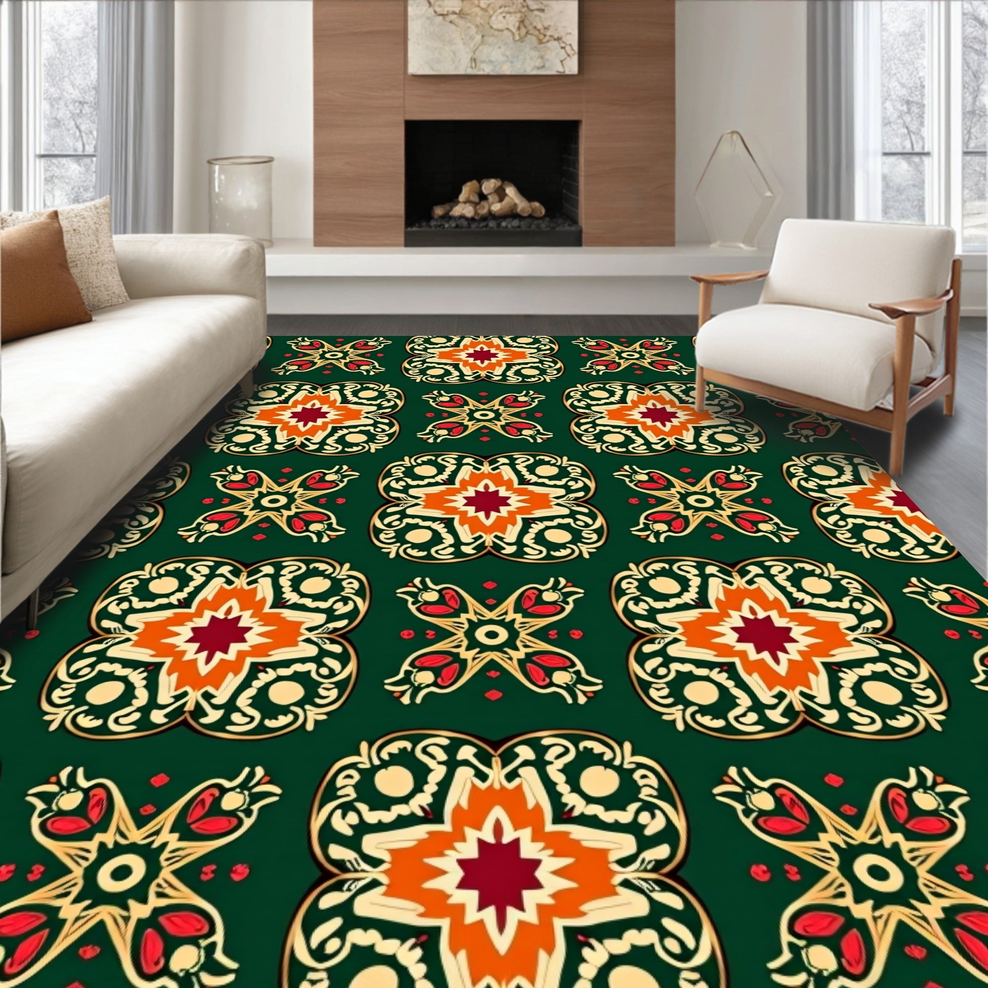 Ornate Scarlet Sunburst Lattice Rug