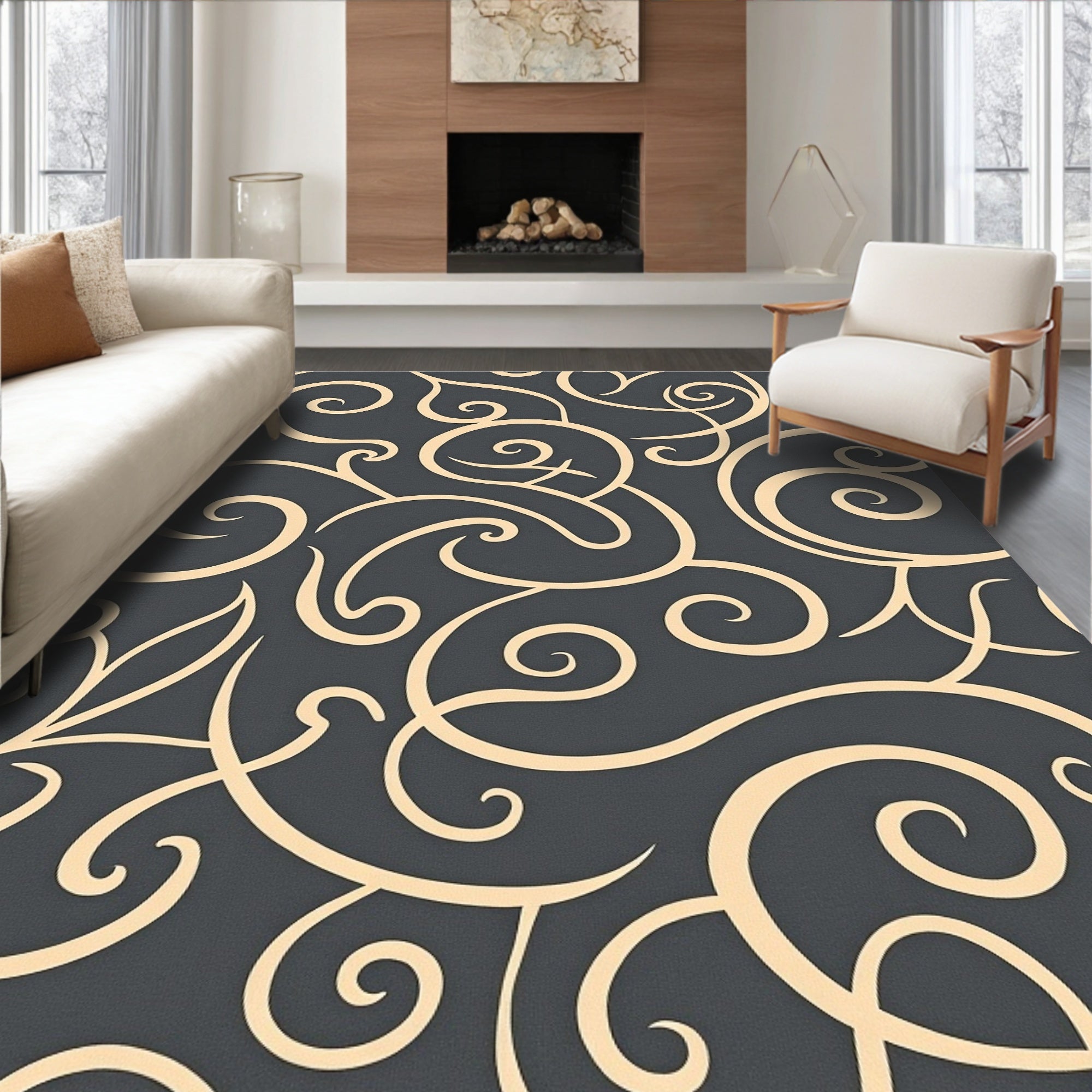 Dark Gray Cream Swirl Scroll Rug