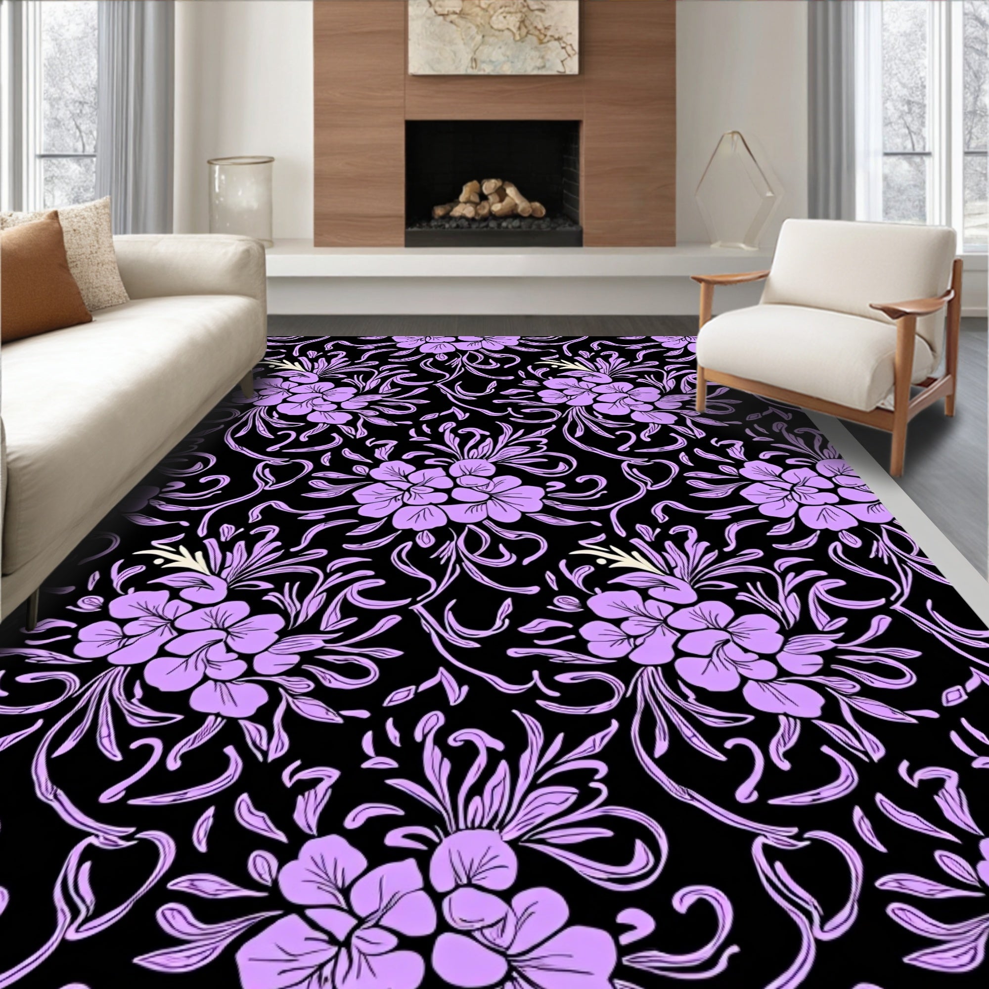 Lavender Violet Floral Vine Background Rug