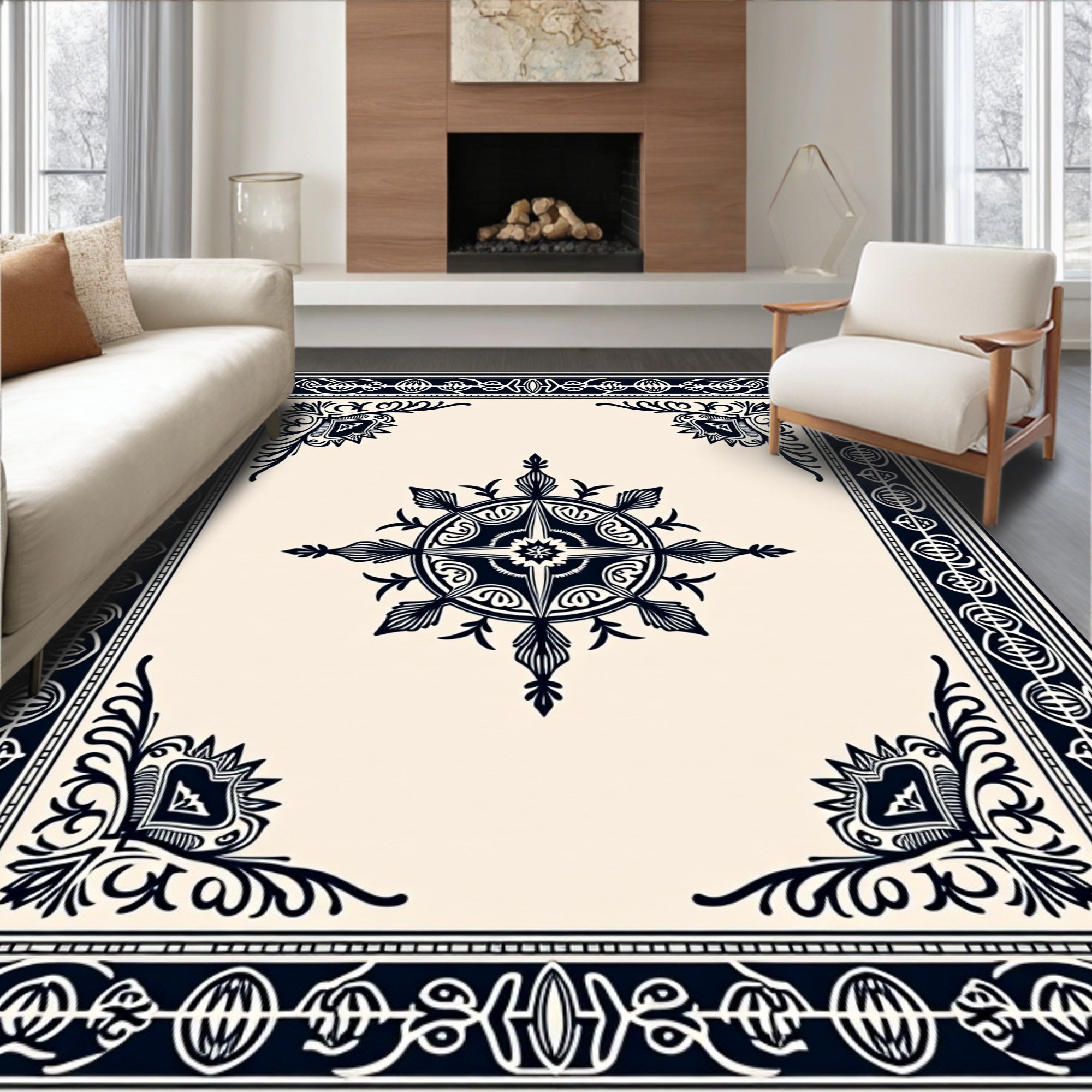 Ornate Dark Blue Medallion Square Rug