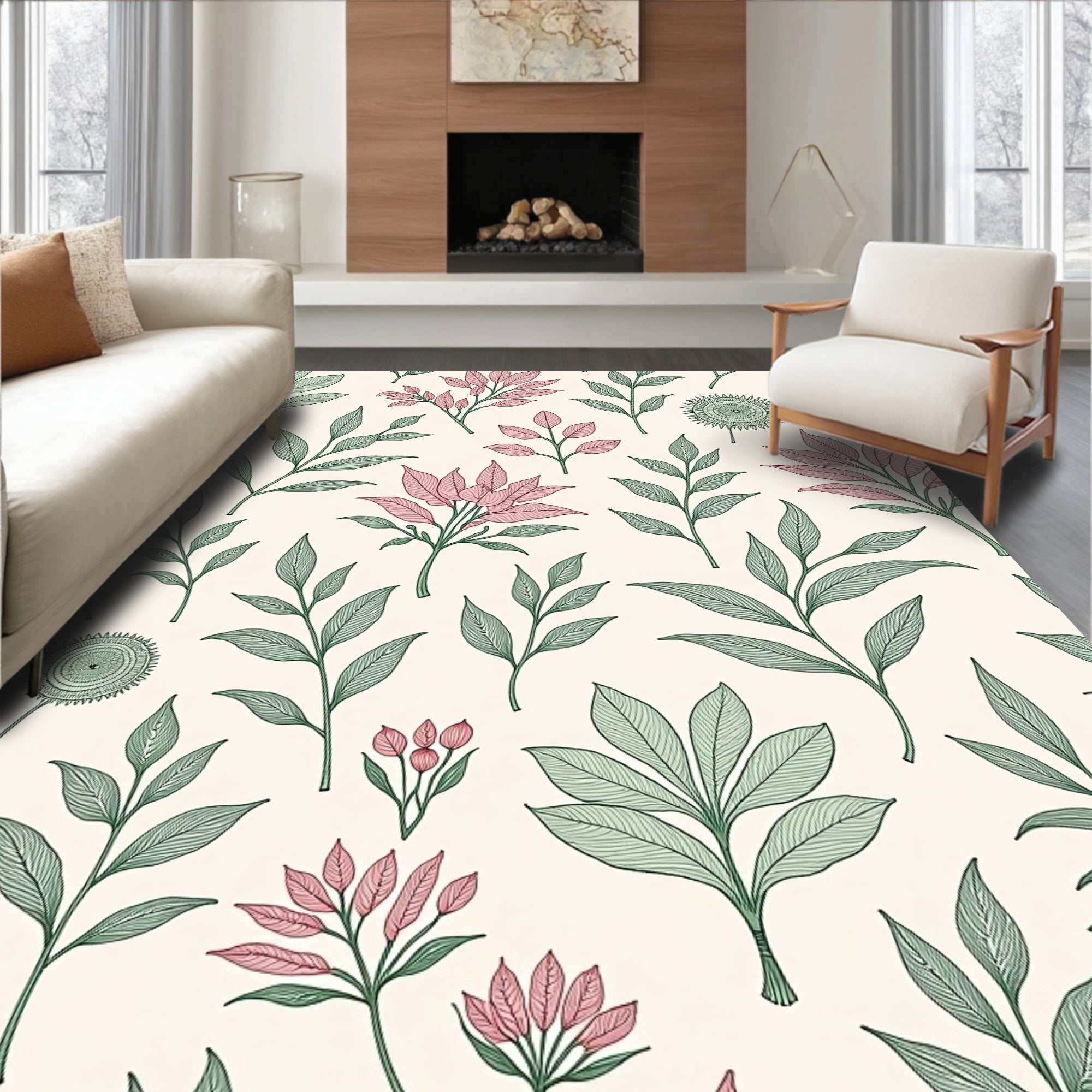Delicate Pink Green Leafy Branches Rug