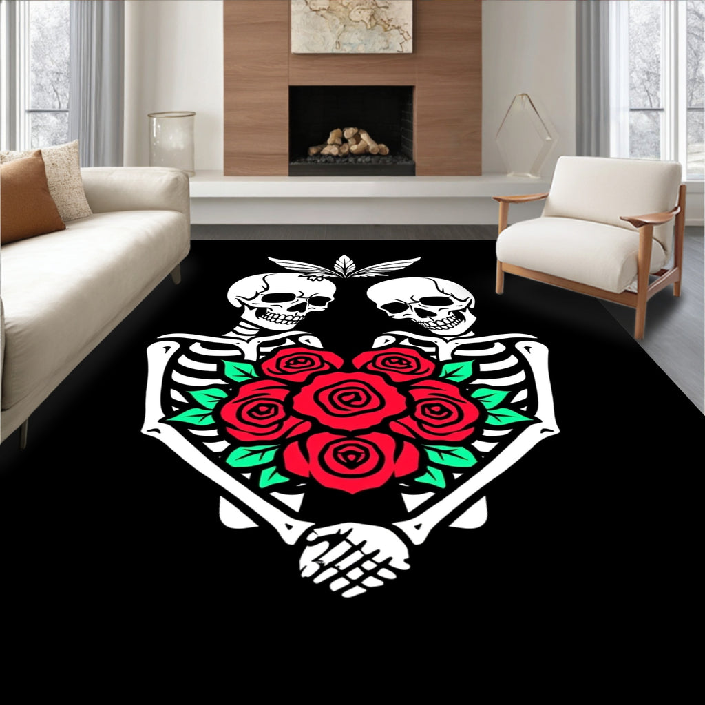 Skeletons Red Roses Lovers Rug