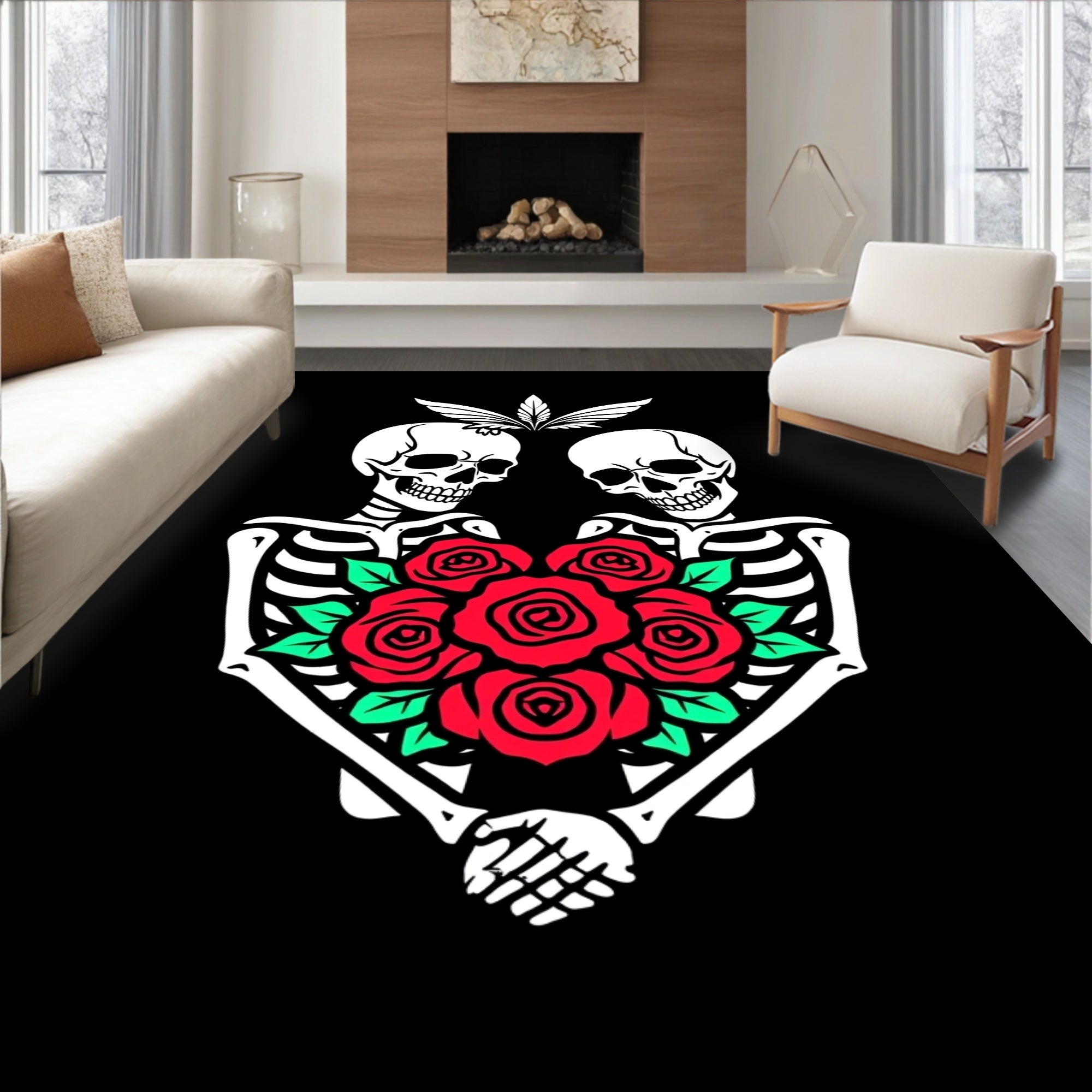 Skeletons Red Roses Lovers Rug