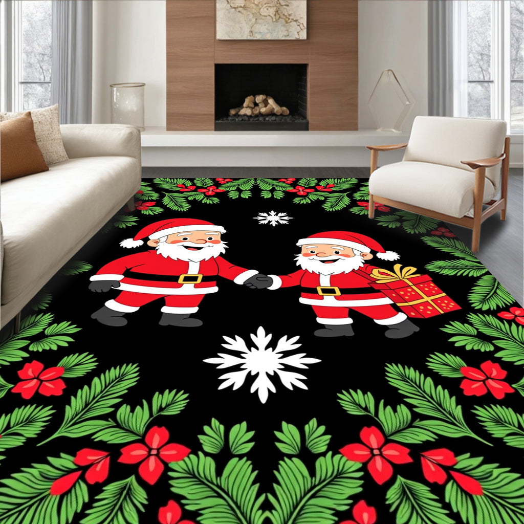 Festive Santas Red Green Foliage Rug