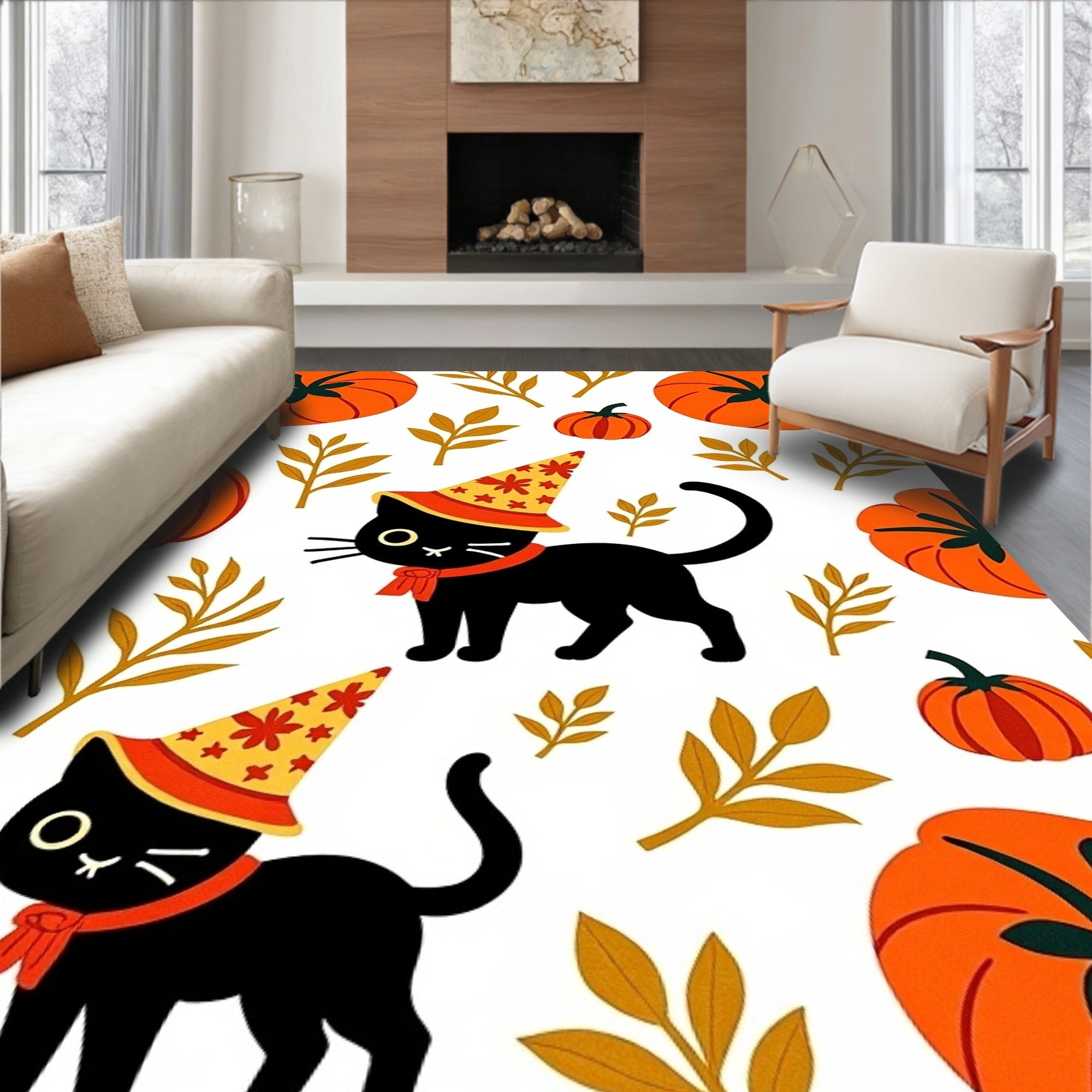 Whimsical Black Cats Orange Pumpkins Foliage Rug